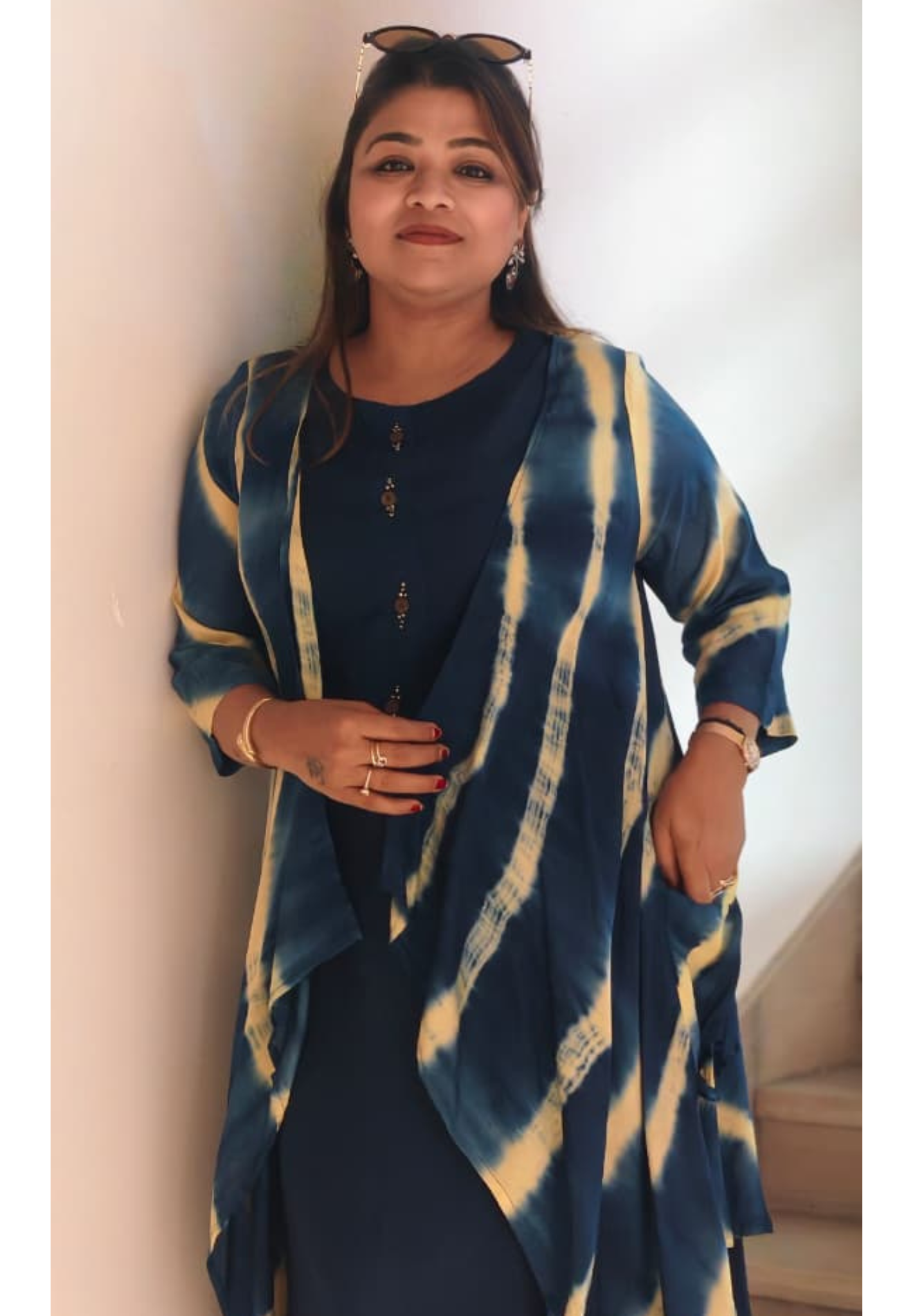 Slub Cotton Lehriya Shrug Below Knee Length Indowestern Frock-15582