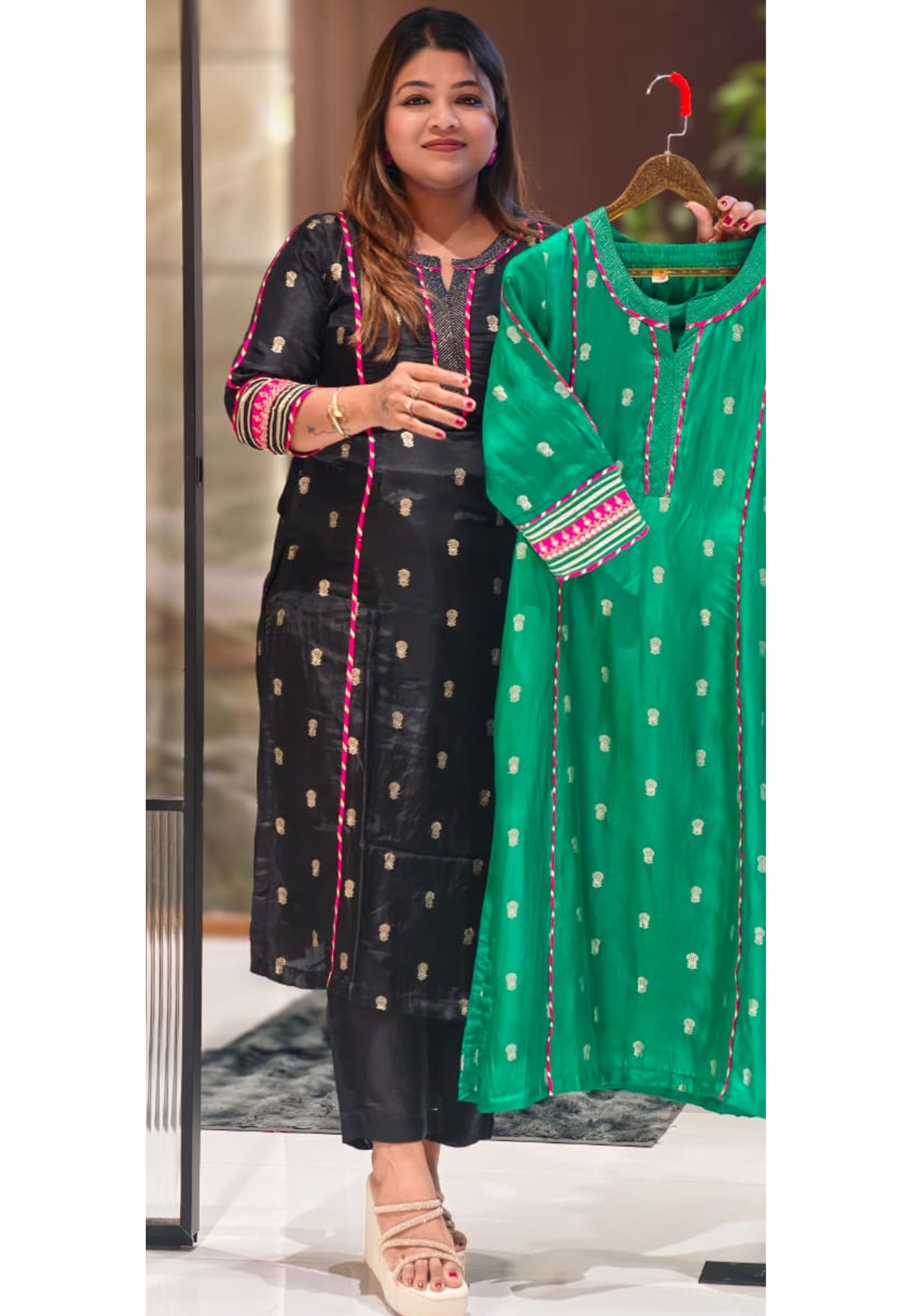 Traditional Silk Ethinc Kurta Pant Set With Pink & Golden Highlighted Pipings- 15535