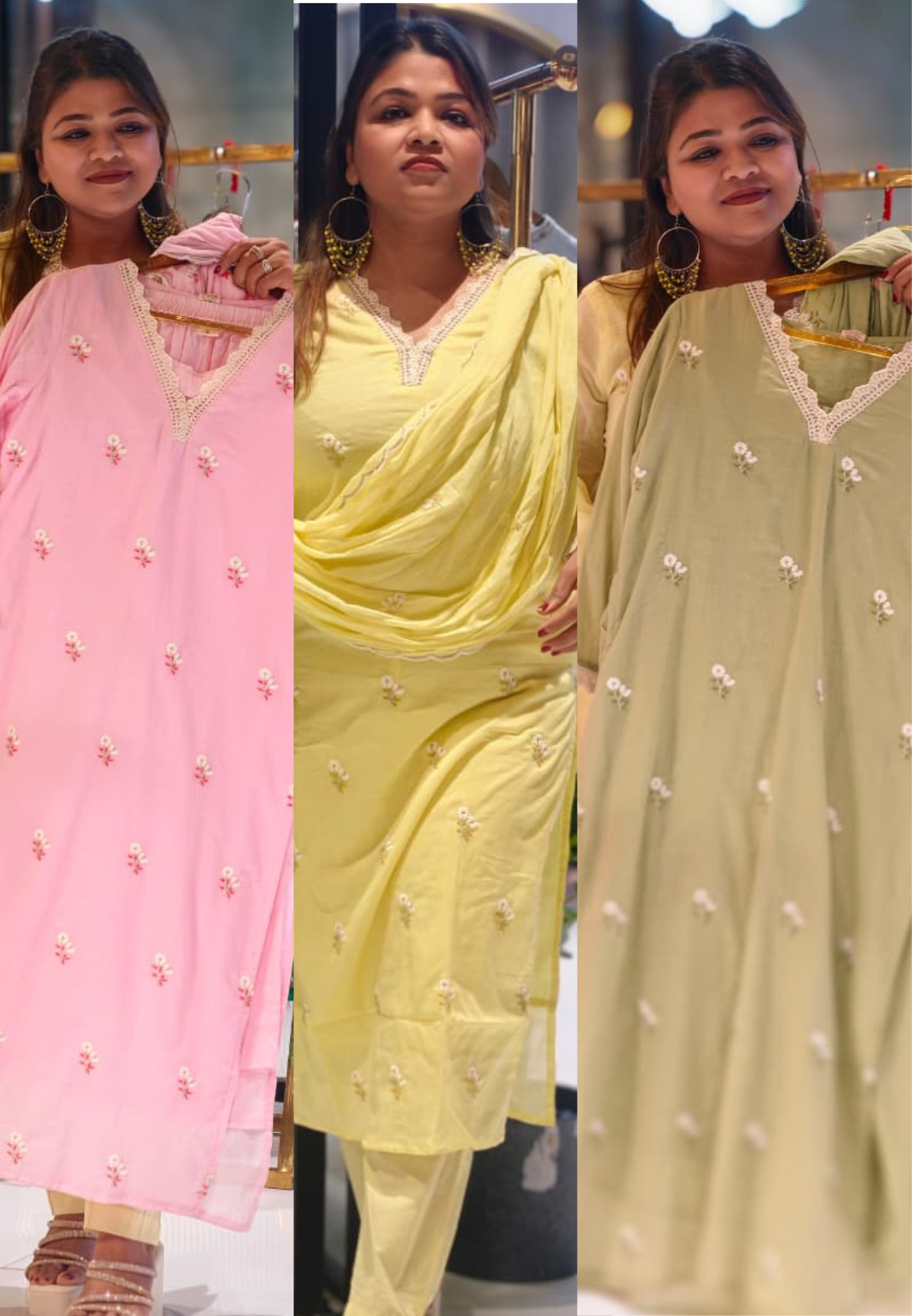 Crosia Neckline Cute Tiny Floral Embroidery Solid Candy Shades Mul-Cotton A-Line Full Suit Set With Dupatta- 15652