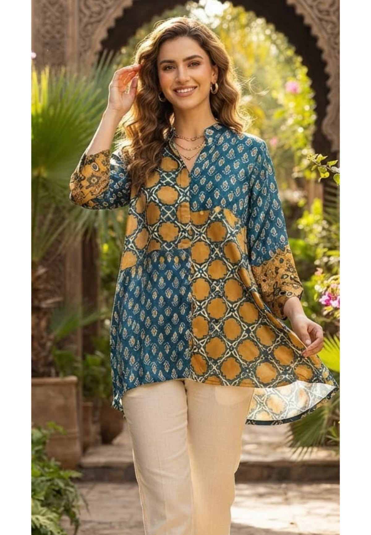 Geometric Block Print Dual Toned Casual Crepe Shirt- 15434