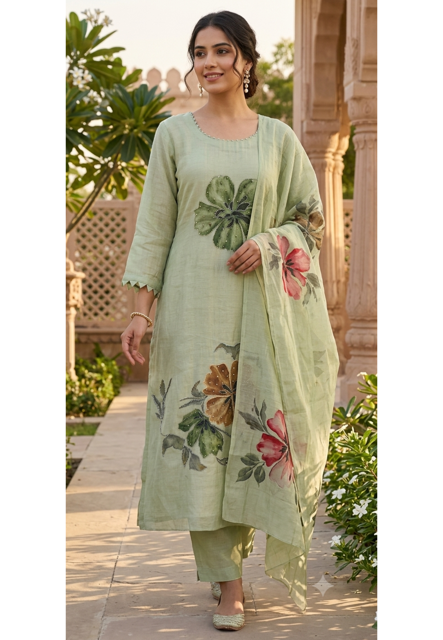 Huge Floral Petal Digital Print Mul Chanderi A-Line Full Suit Set With Dupatta