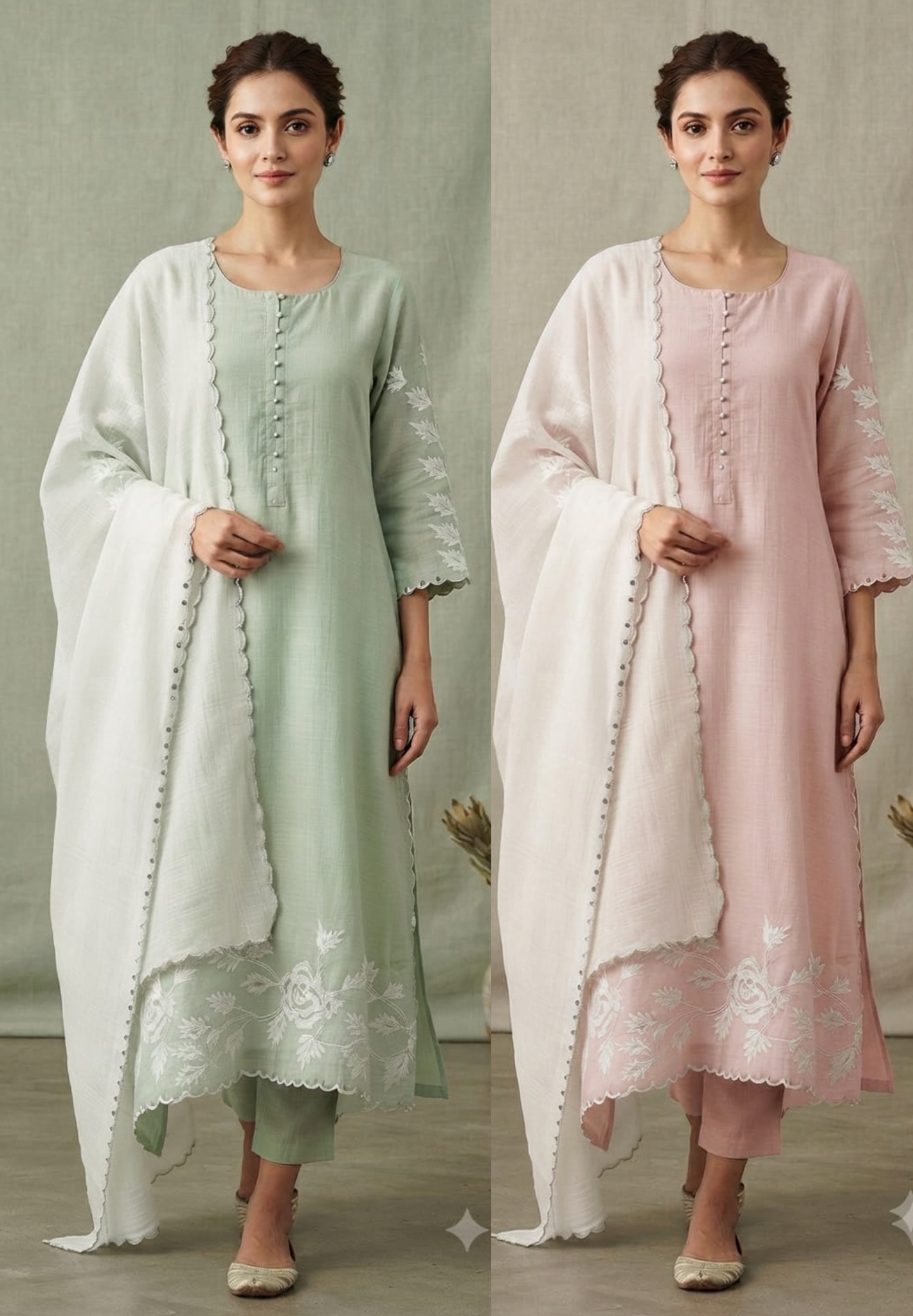 Suttle Floral Embroidered Pure Banarasi Mul-Chanderi A-Line Full Suit Set With Dual Color Dupatta- 15000