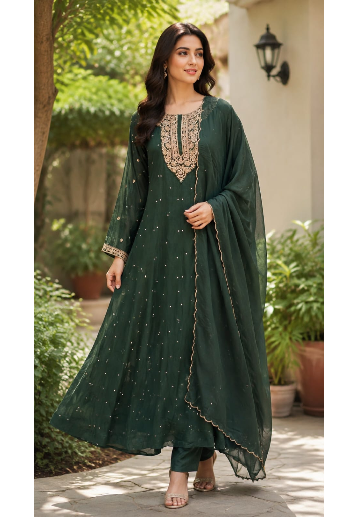 Zardosi Neckline Scattered Shimmer Chinon Panel Anarkali Full Suit Set With Dupatta- 15503