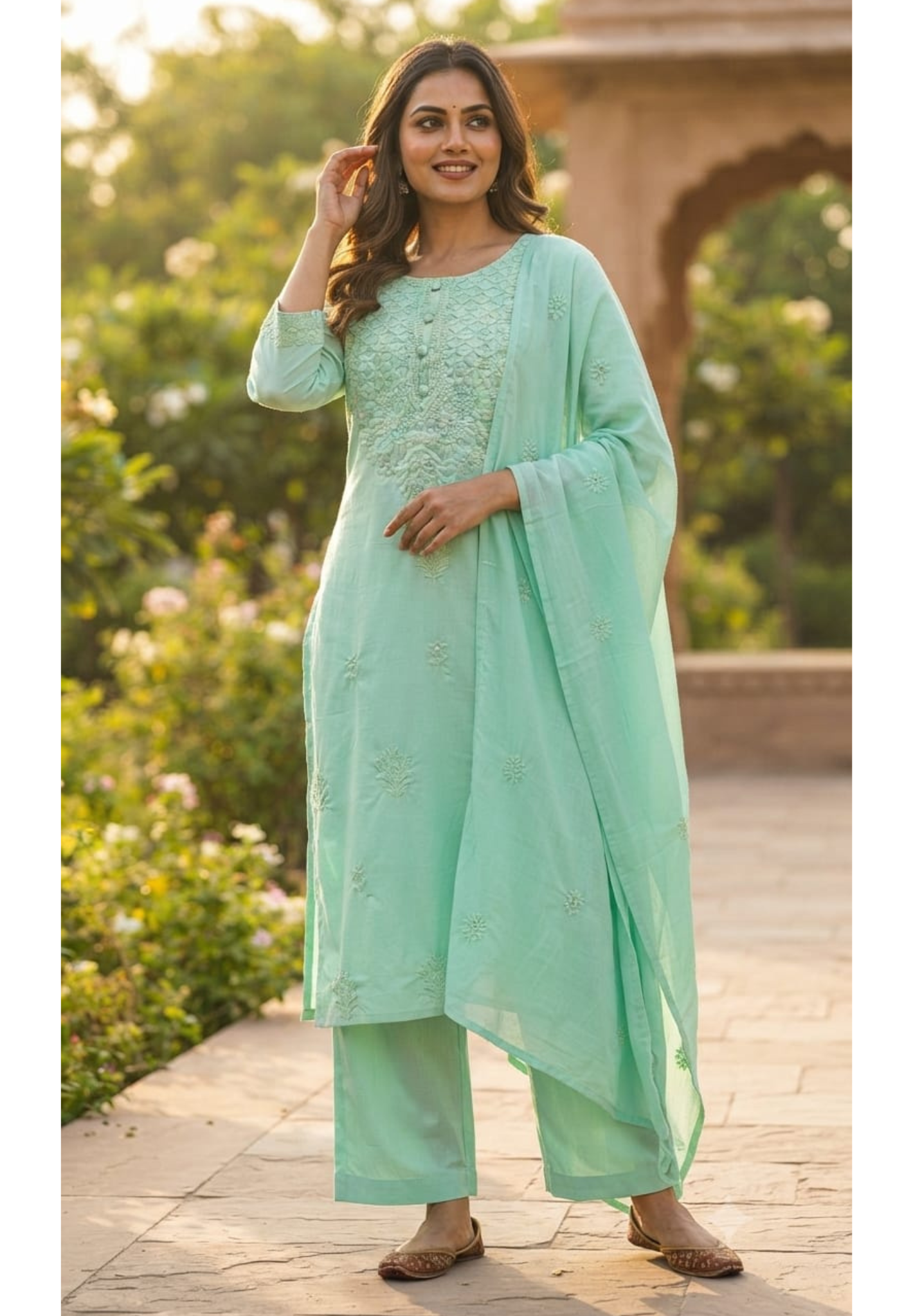 Chikankari Thread Embroidered Yoke Cotton Straight Full Suit Set With Dupatta- 15649