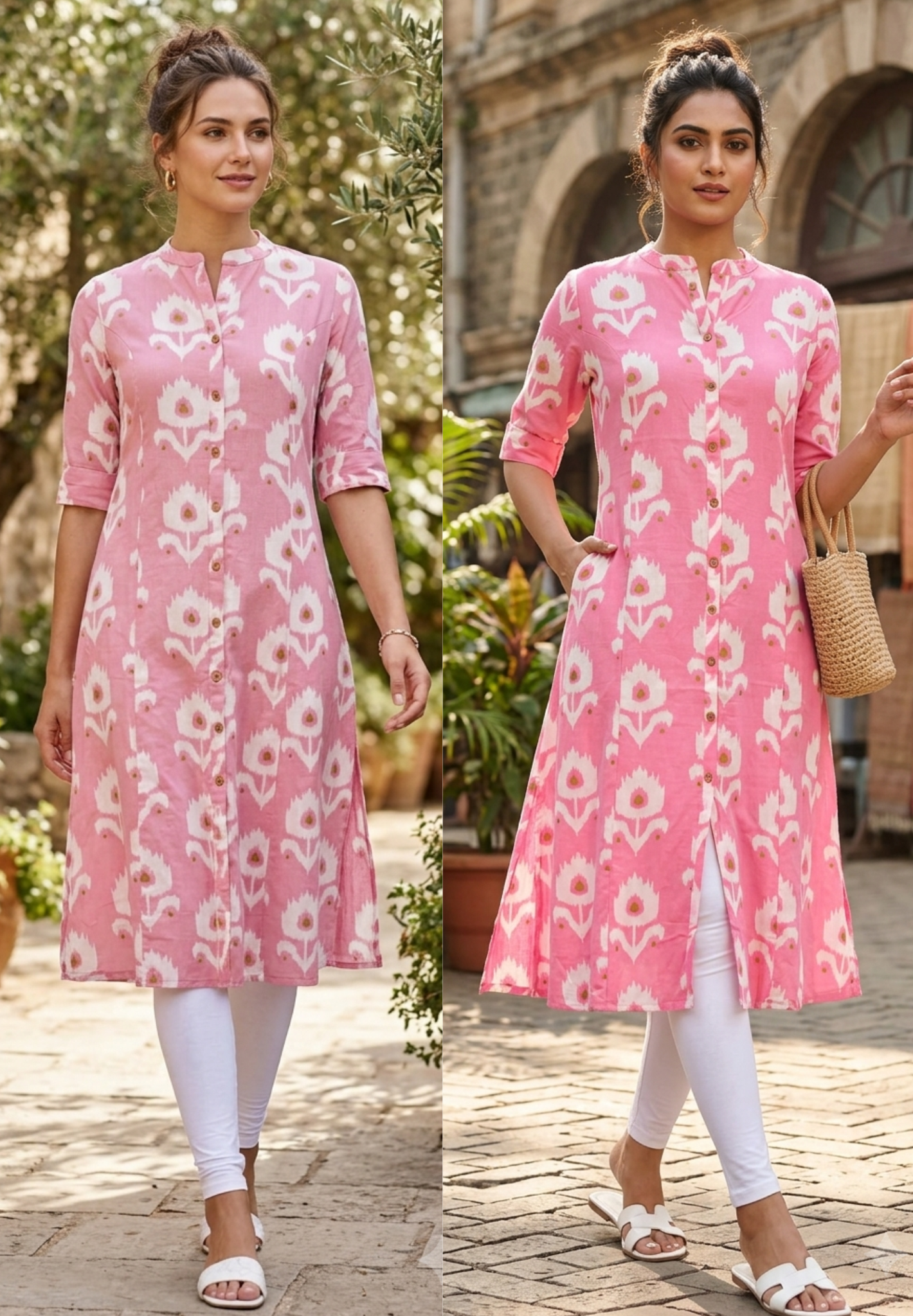 Manderian Collar Printed Light Shade Cotton Kurti Only- 15697