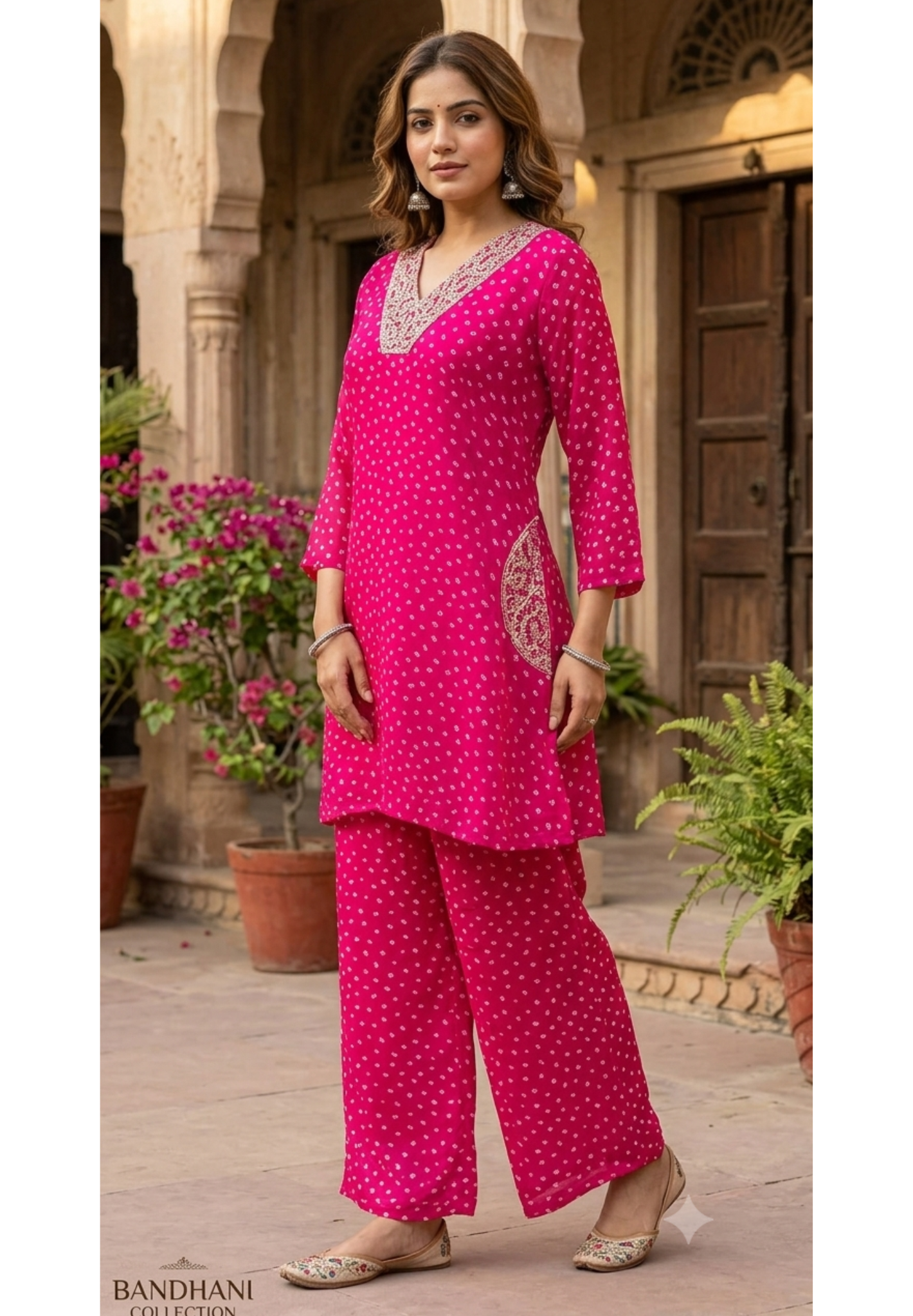 Bandhani Print Elegant Machine Embroidered Neckline Side Pockets Georgette Co-Ord Set- 15481