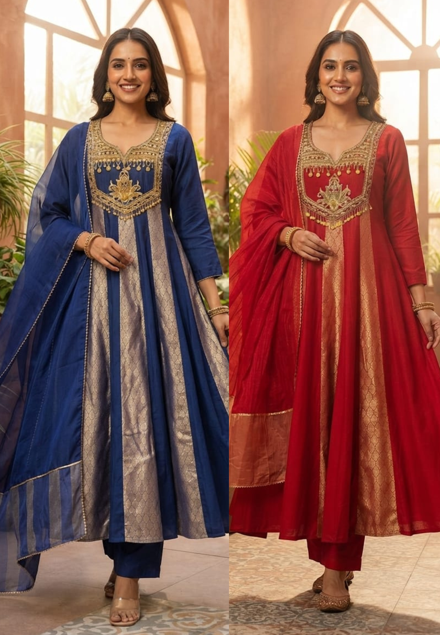 Scarlet Grand Regal Gold Embroidered Festive Ensemble Brocade Panels Russian Silk Anarkali Full Suit Set With Dupatta- 15811