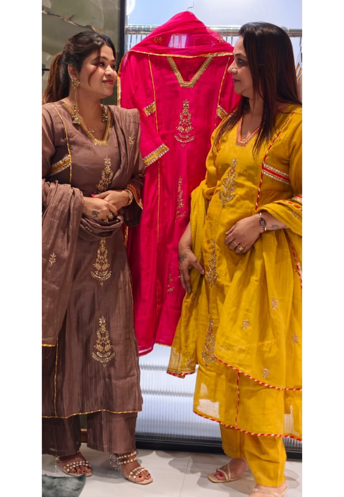 Beautiful Kundan Look Front Embroidery Highlighted A-Line Mul-Chanderi Full Suit Set With Dupatta- 15851