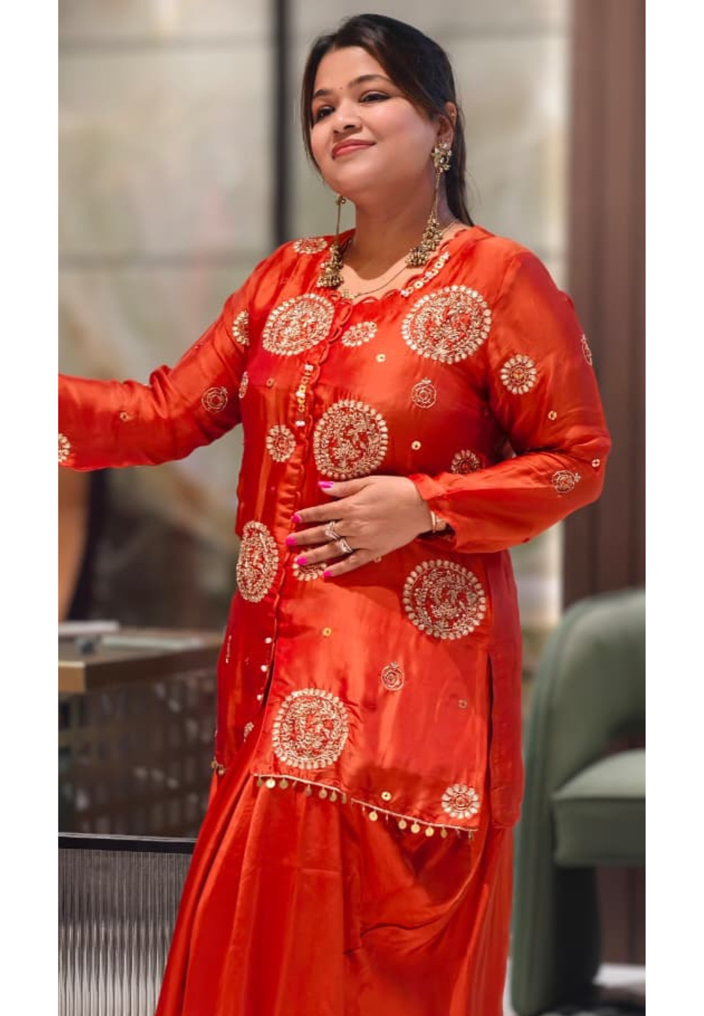 Heavy Handwork Premium Gotta With Sequin & Pearl Elegance Modal Satin Festive Co-Ord Set With Drape Skirt Bottom- 15854
