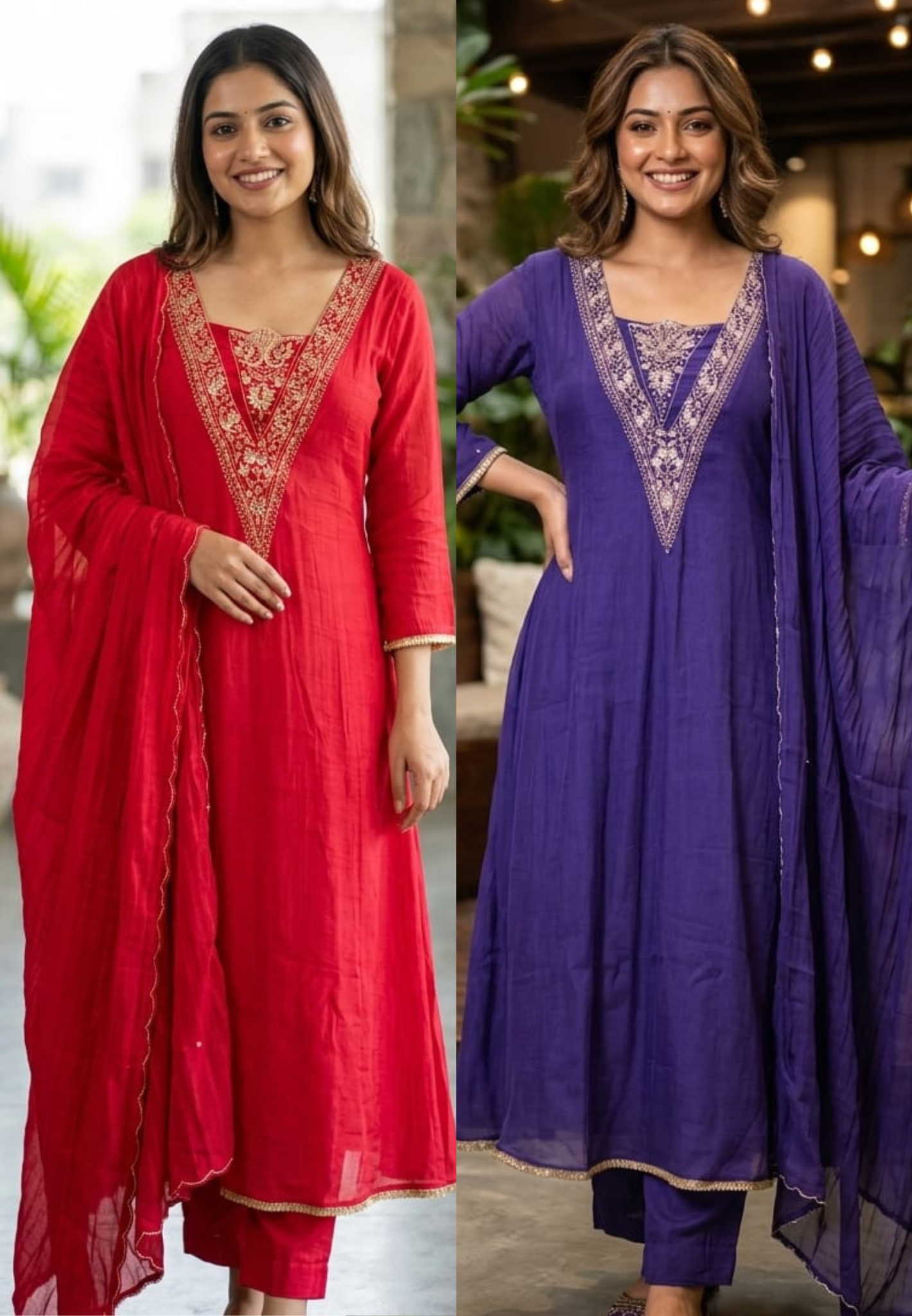 Festive Special Embroidered V-Neck Vibrant A-Line Full Suit Set With Dupatta- 15586