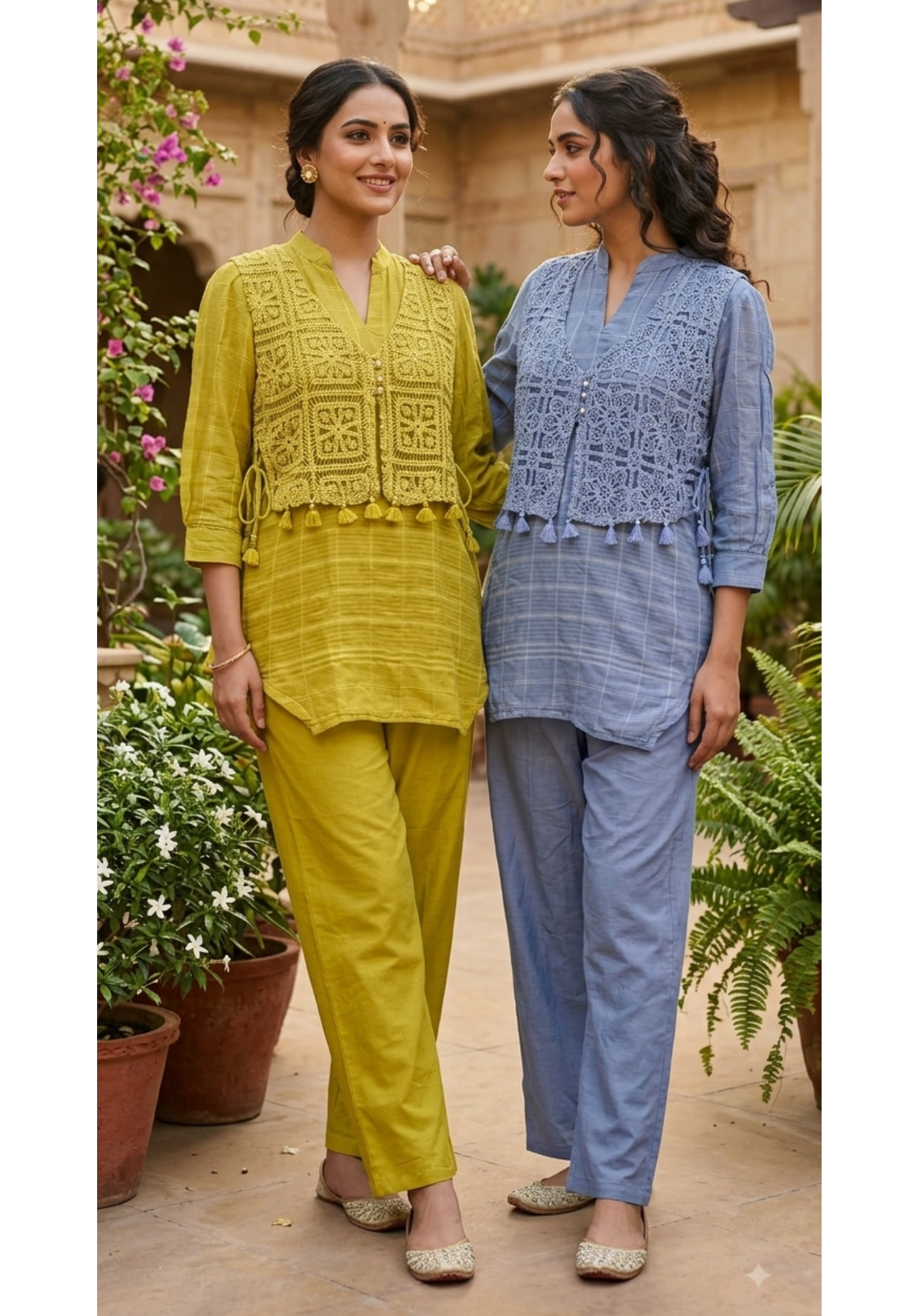 Fresh Lime & Sky Blue Crochet Embroidered Overlay Tassel Accent Mul-Cotton Co-Ord Set- 15841