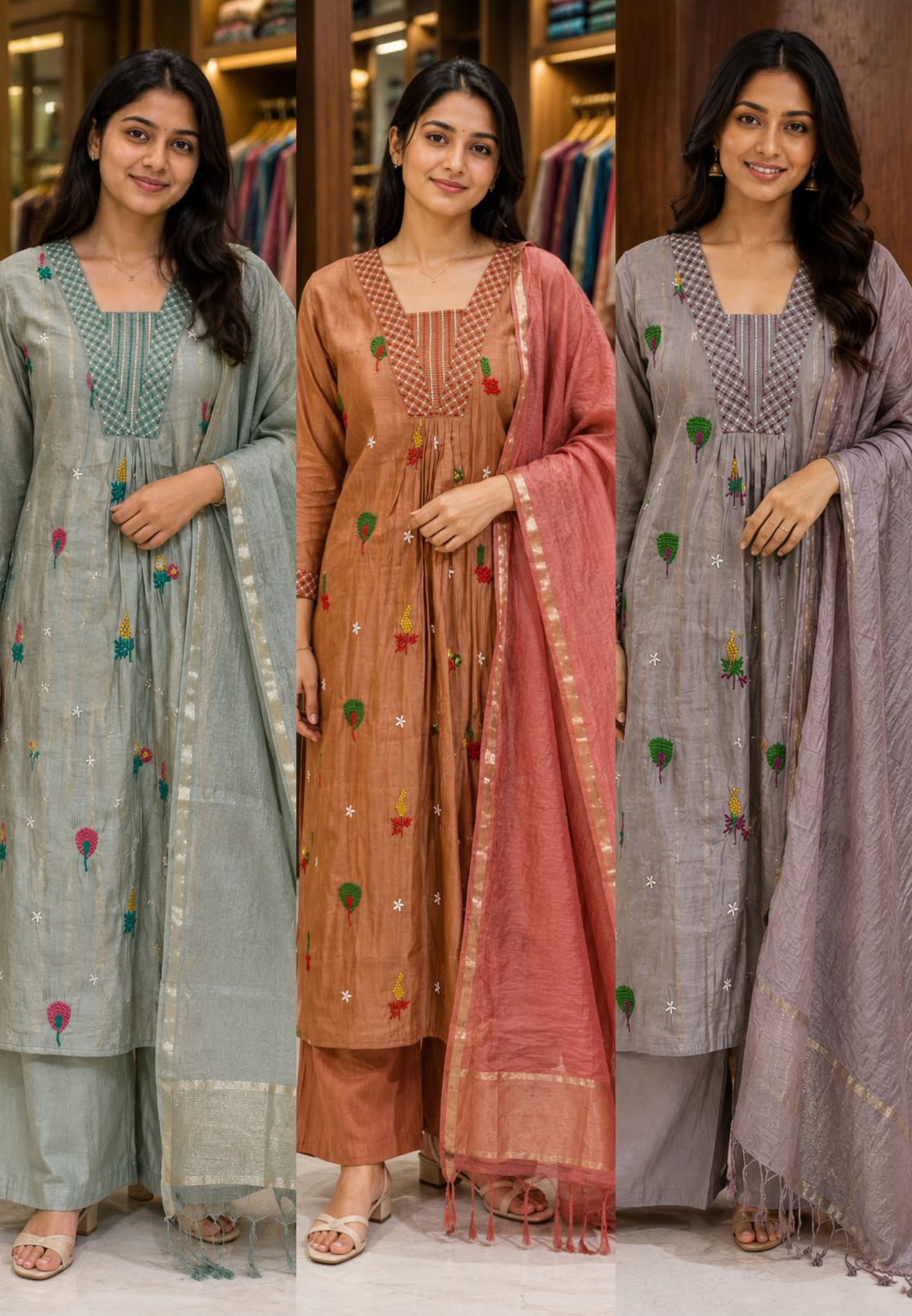 Cute Scattered Motifs With Linear Neckline Surat Mul-Chanderi A-Line Full Suit Set With Dupatta- 15804
