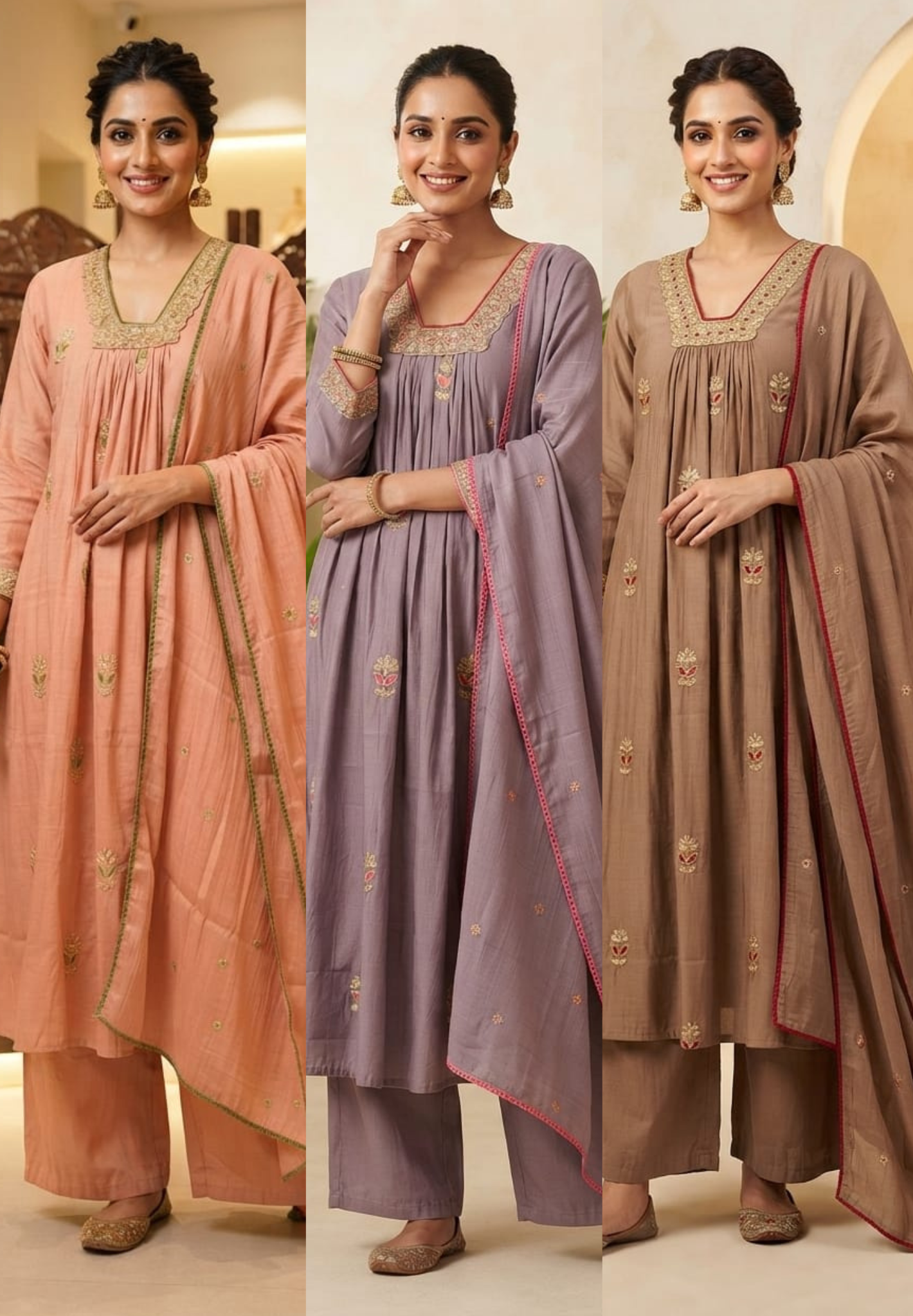 Fine Zari Embroidered Neckline Scattered Floral Pleated A-Line Surat Mul-Chanderi Full Suit Set With Dupatta- 15805