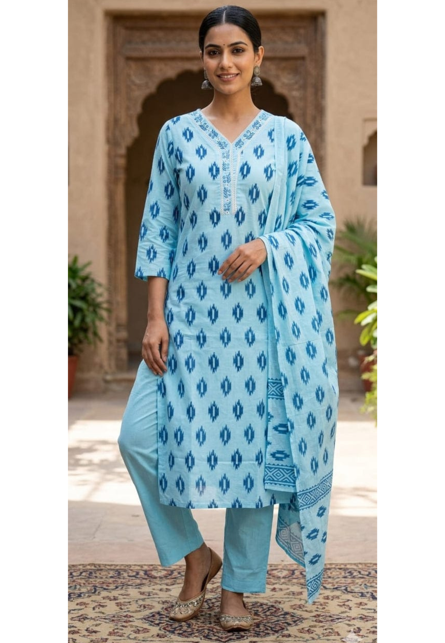 Ikkat Inspired Print Summer Soft Cotton Full Suit Set With Dupatta CODE-RB897