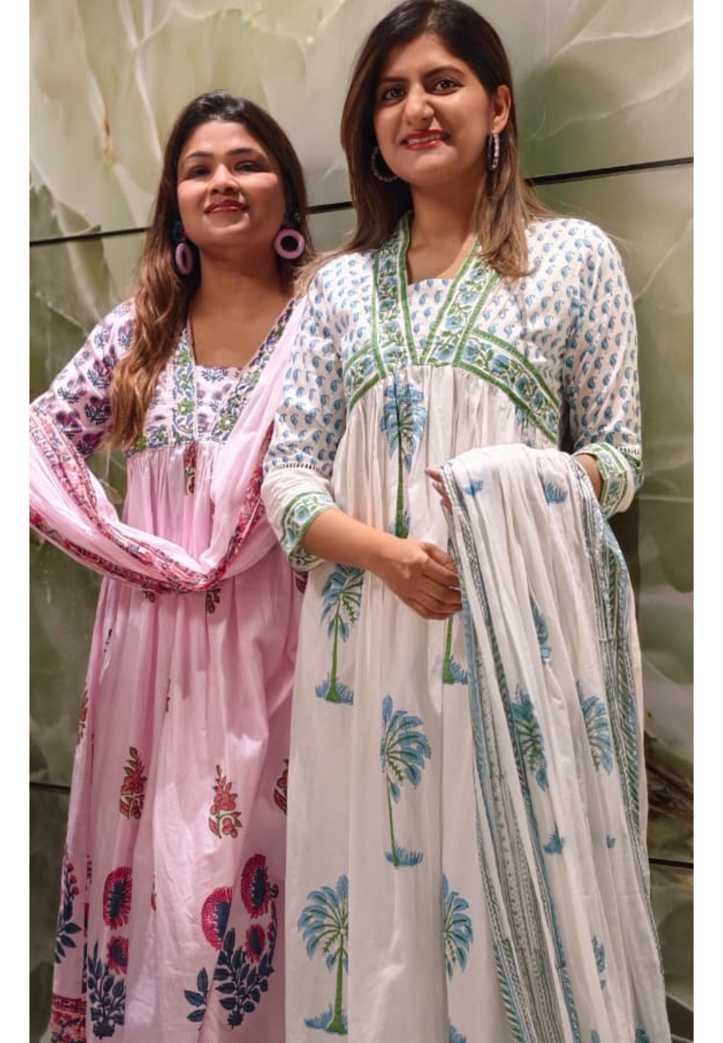 Elegant V-Neckline Alia-Cut Soft Cotton Anarkali Full Suit Set With Floral Block Prints- 15834, 15835