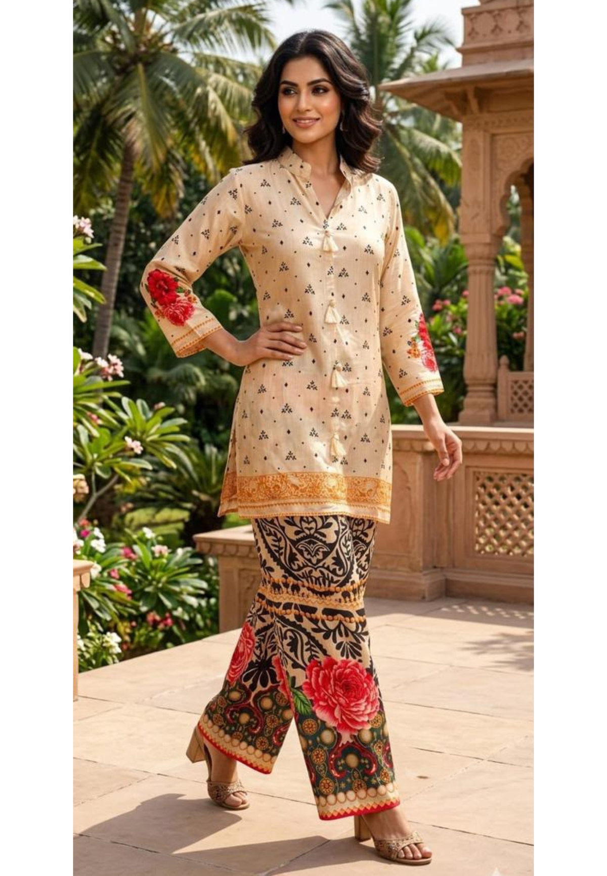 Digital Floral Multi Printed Tassel Accent Mandarin Collared Crepe Co-Ord Set- 15239
