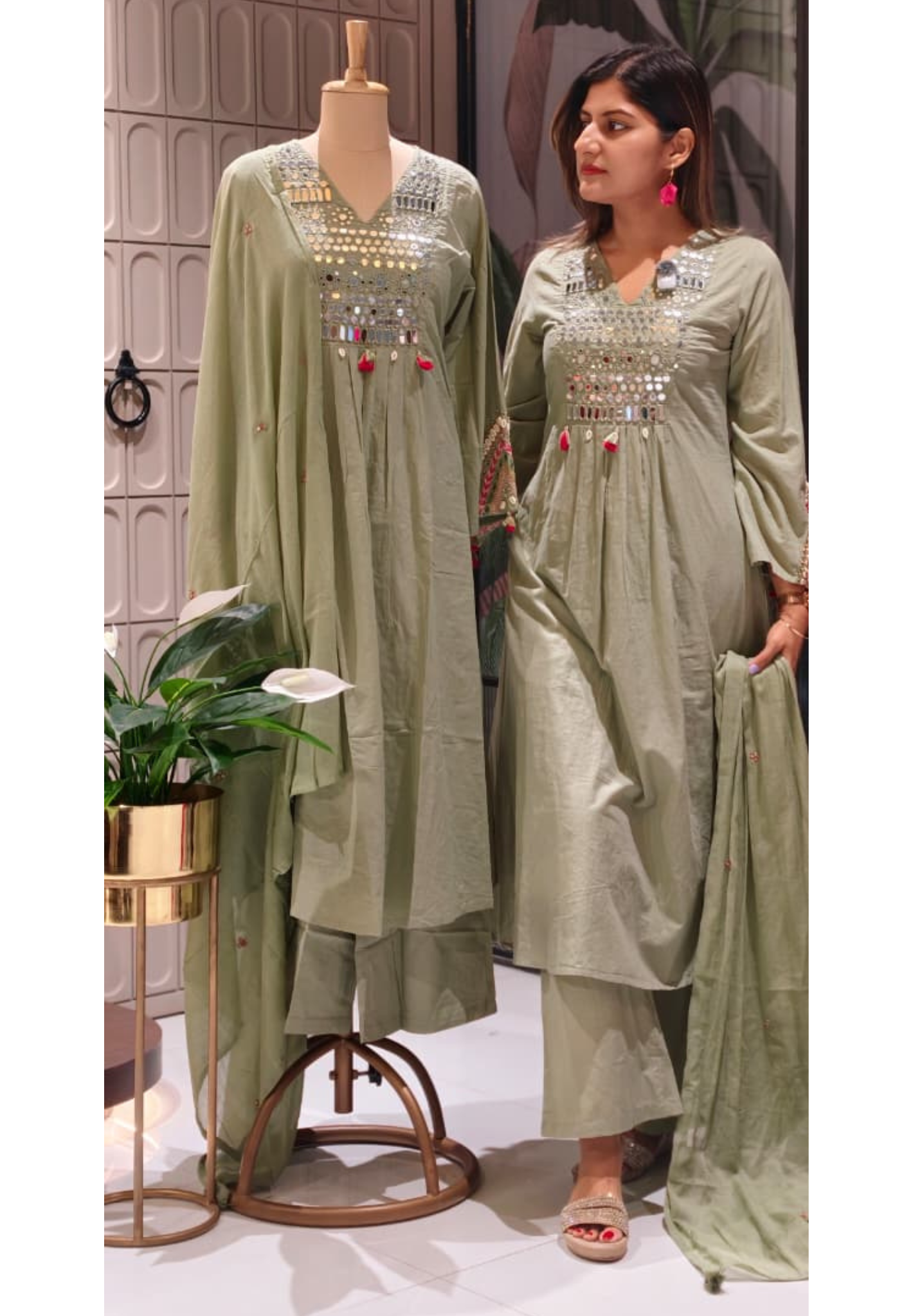 Kodi Real Mirror Work Handwork Boho Style A-Line Cotton Full Suit Set With Dupatta- 15782