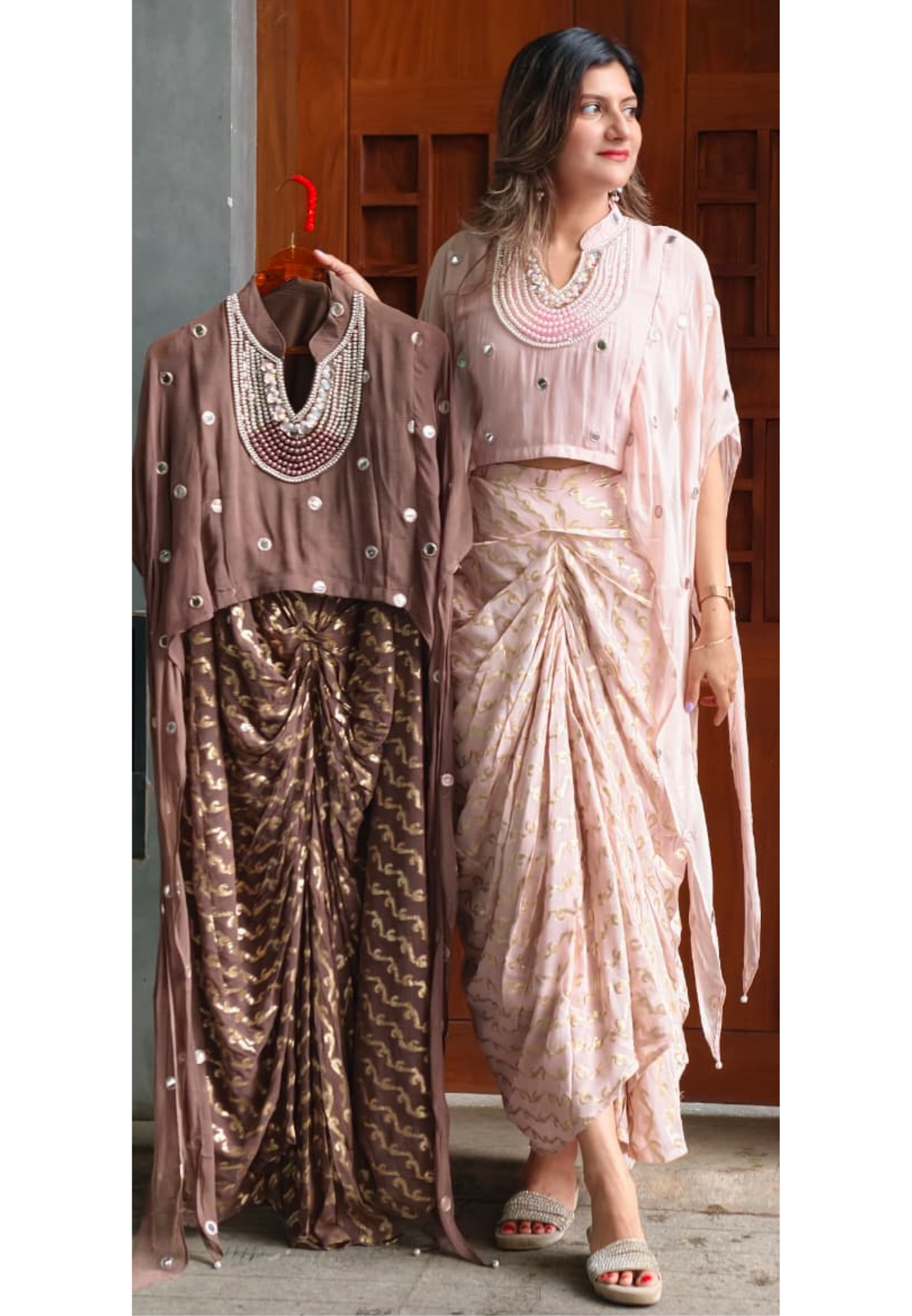 Designer Neckpiece Look Real Mirror Detailing Shrug Style Crop Top With Weavy Golden Prints Drape Dhoti Skirt -15584, 15583