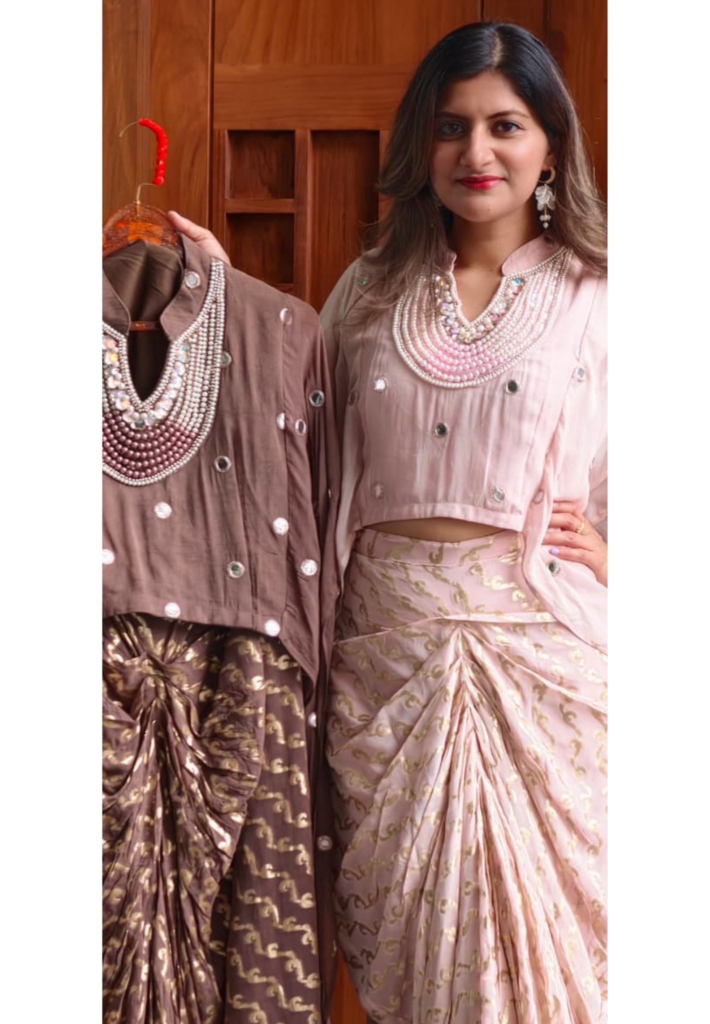 Designer Neckpiece Look Real Mirror Detailing Shrug Style Crop Top With Weavy Golden Prints Drape Dhoti Skirt -15584, 15583
