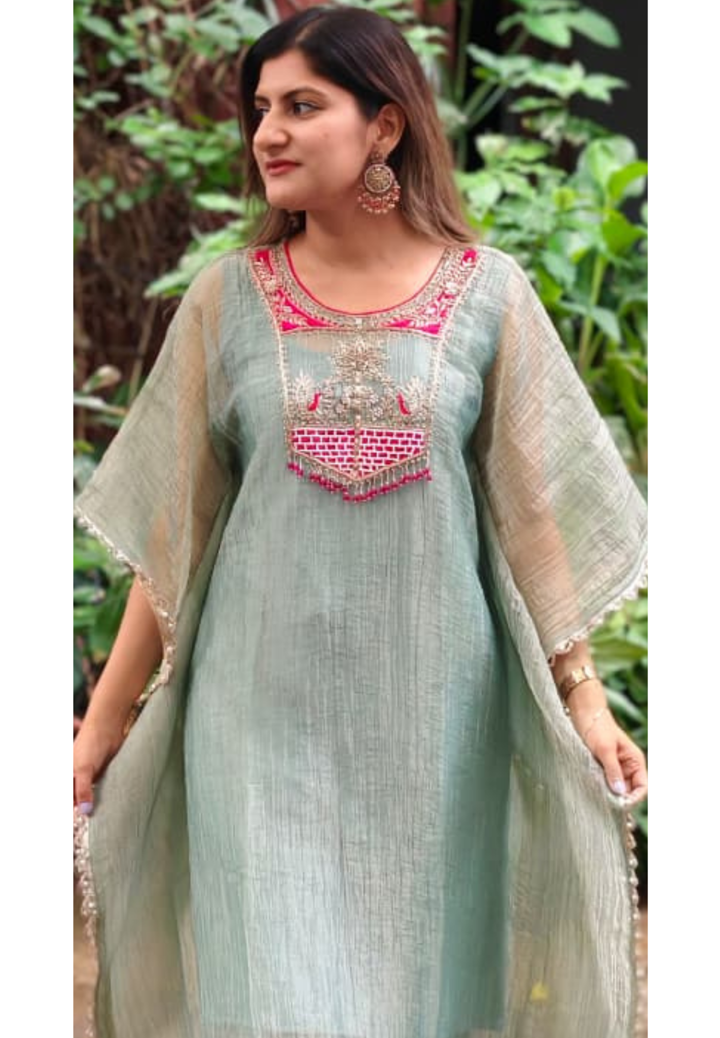 Dabka Contrasted Embroidered Tassel Yoke Premium Salsa Fabric Kaftan With Matching Bottom- 15972