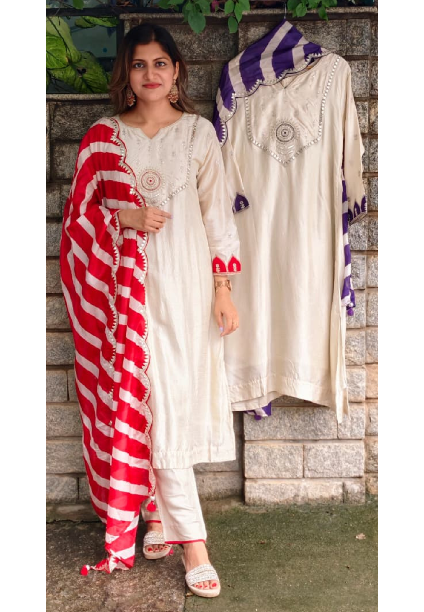 Creamish White Zardosi Ivory Embroidered Yoke With Vobrant Contrasted Twin Color Russian Silk Full Suit Set With Striped Dupatta- 15984