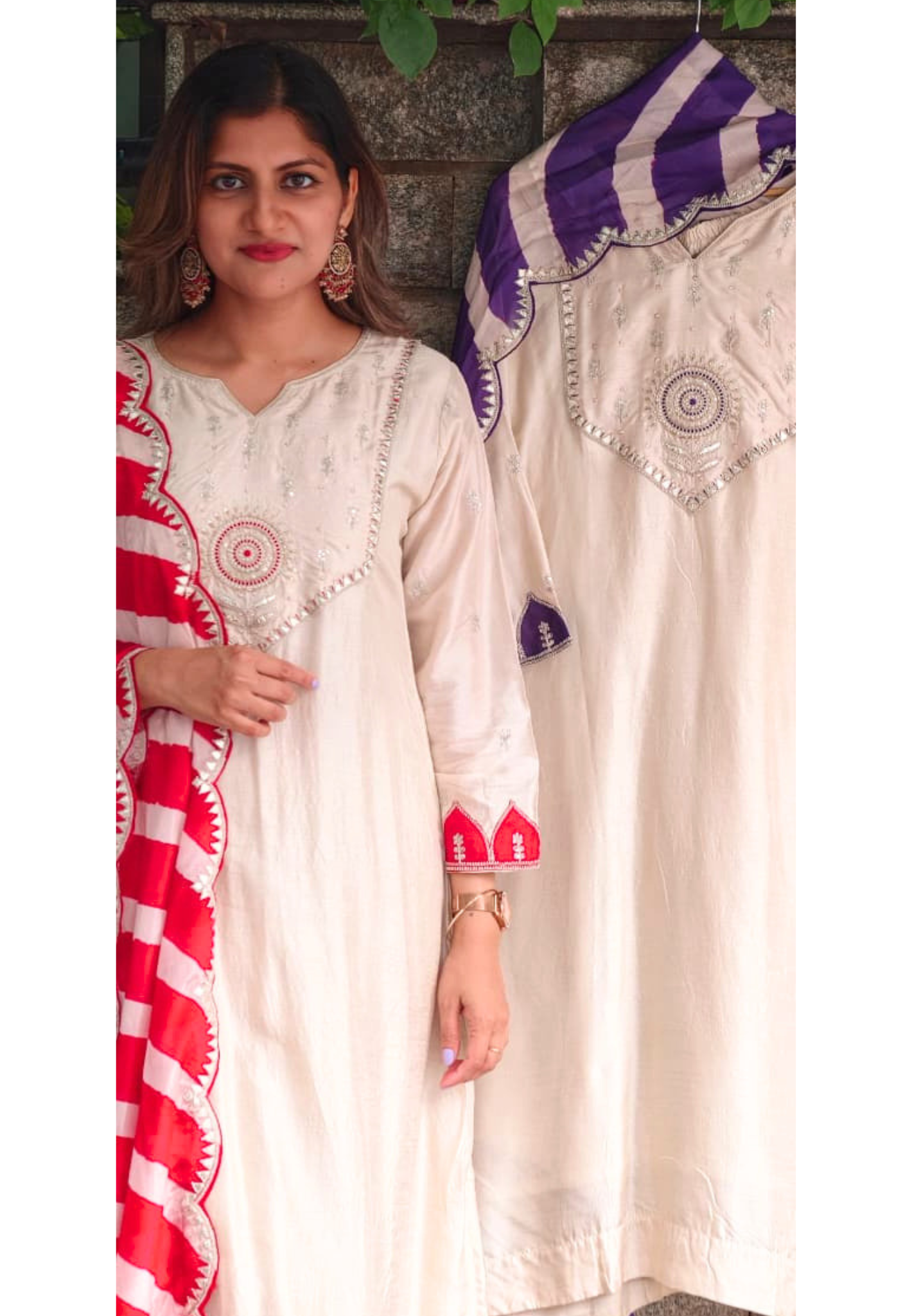 Creamish White Zardosi Ivory Embroidered Yoke With Vobrant Contrasted Twin Color Russian Silk Full Suit Set With Striped Dupatta- 15984