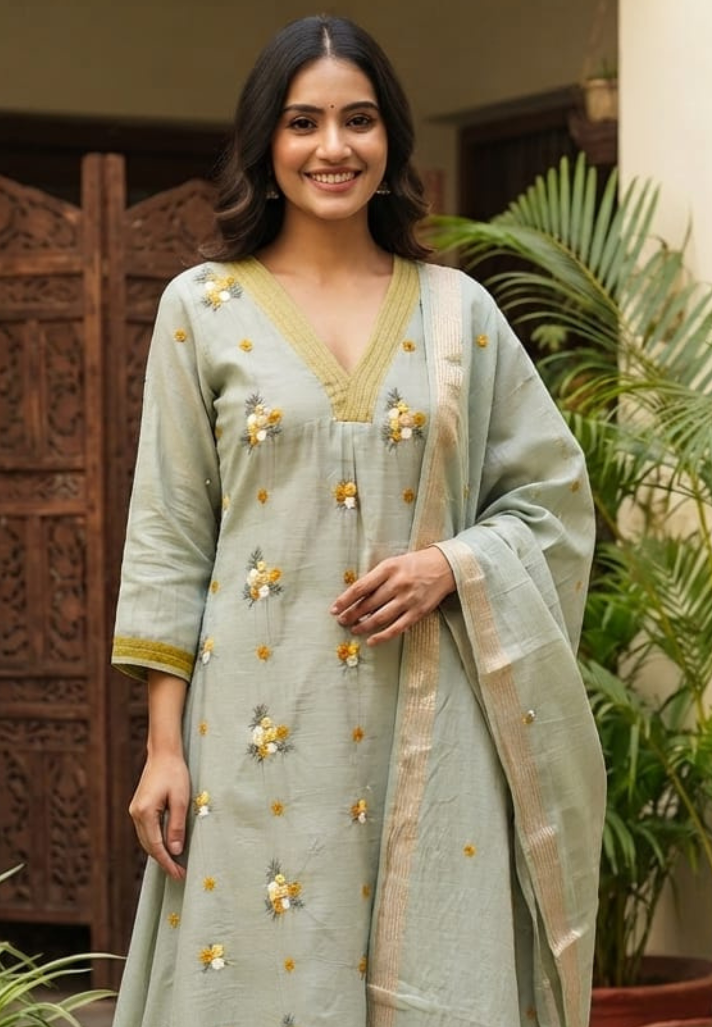 Cute Spring Florals Fine Embroidery Neck & Sleeve Borders Mul-Chanderi A-Line Full Suit Set With Dupatta- 15996