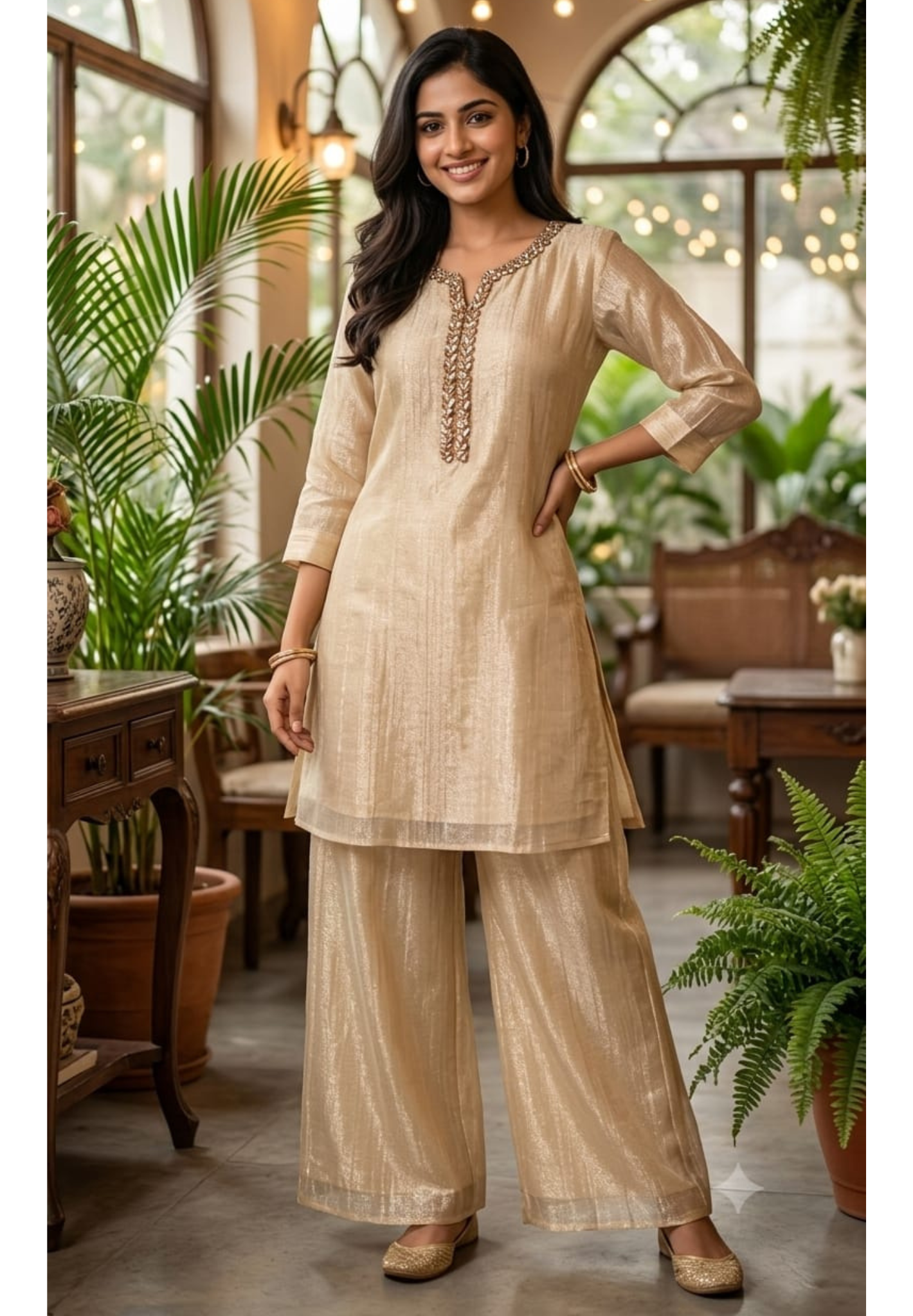 Elegant Crystal Stones Neckline Premium Co-Ord Set With Loose Palazzo Bottom In Salsa Fabric- 15290