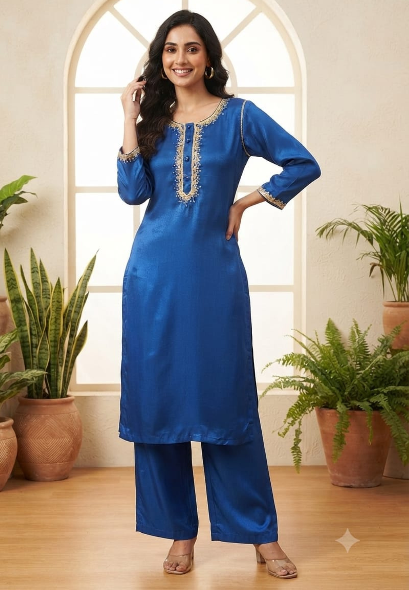 Royal Blue Gotta Patti Golden Sequin Embroidery Outlined Modal Satin Kurta Pant Set- 15987
