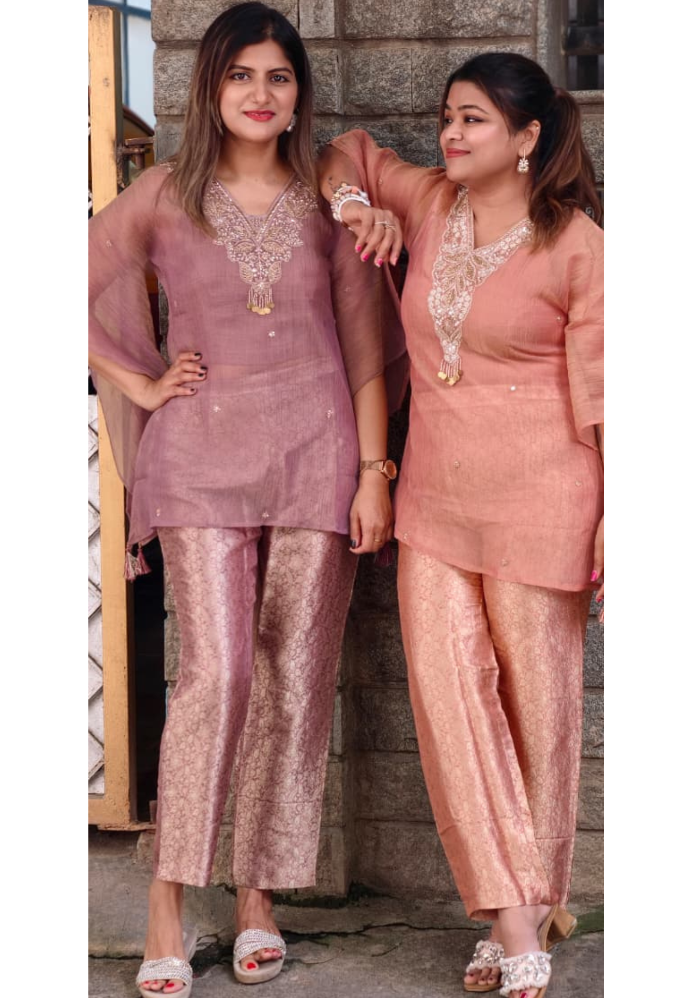 Intricate Beads With Cut-Dana Embroidered Neckline Crush Tissue Kaftan Style Sleeve Co-Ord Set With Brocade Bottom- 15967