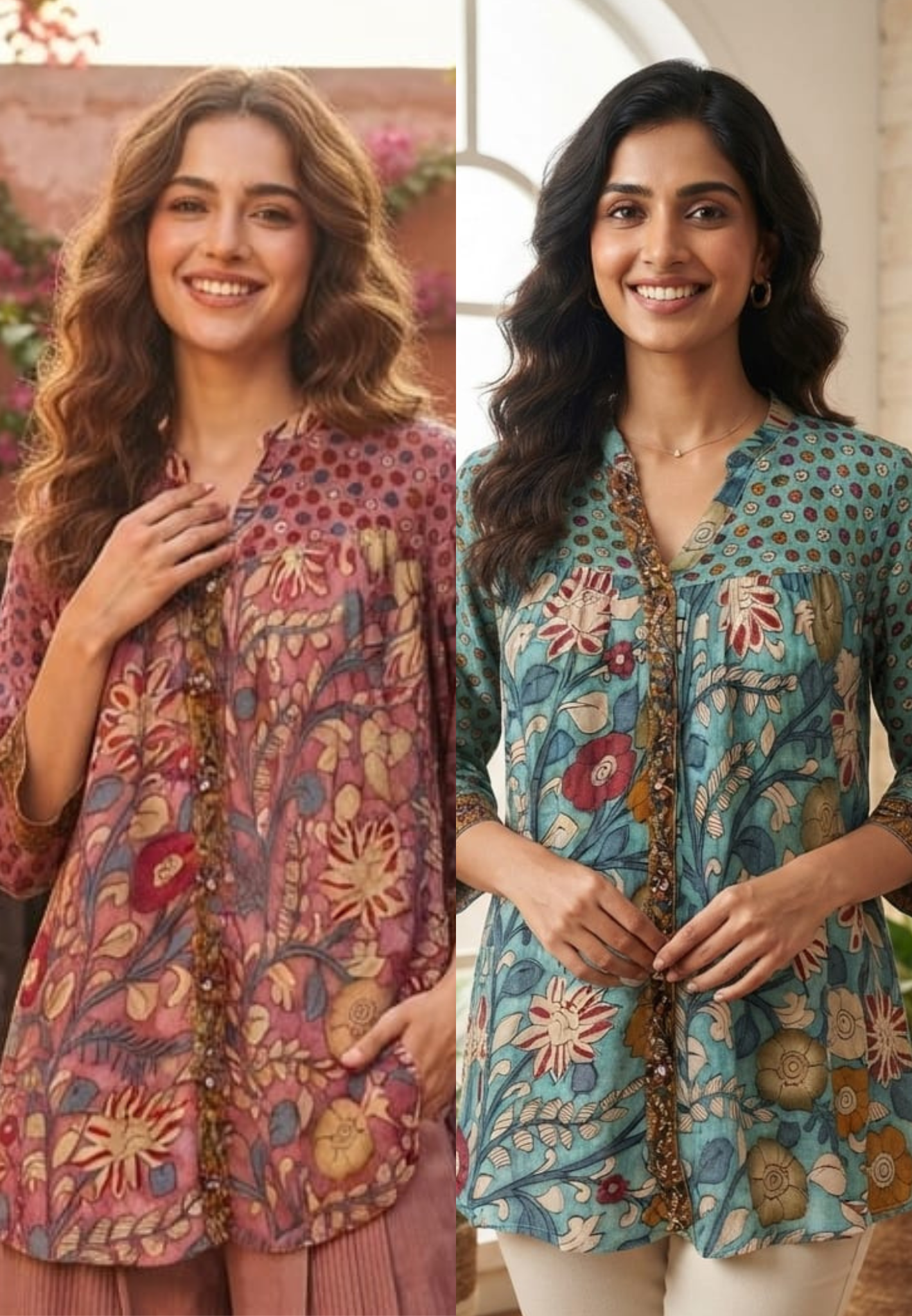 Kalamkari Tree-Of-Life Block-Printed Floral Motif Dusty Shade Muslin Kurti Only- 16023