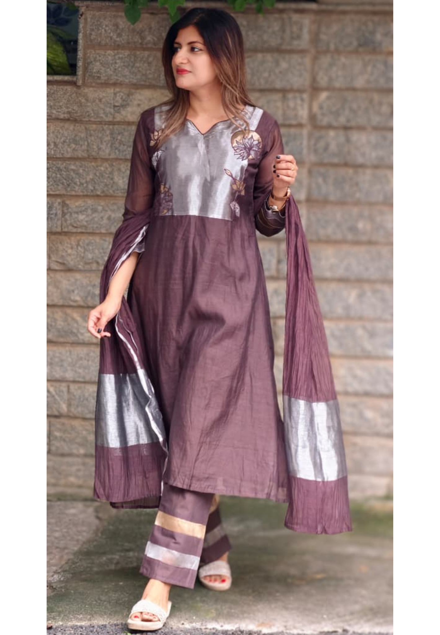 Metallic Floral Applique Yoke Coffee Pallete Banarasi Mul-Chanderi A-Line Full Suit Set With Dupatta- 15988