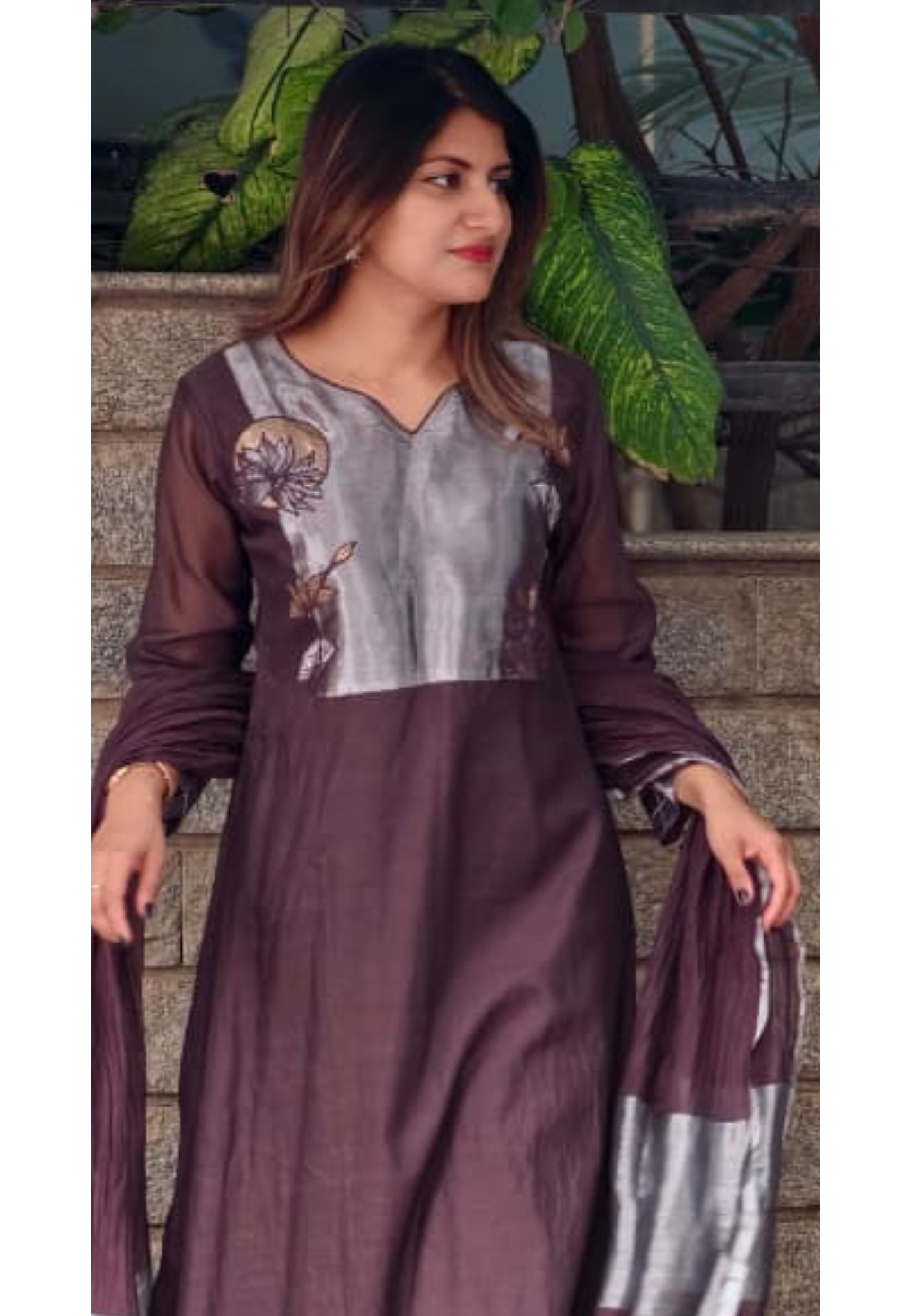 Metallic Floral Applique Yoke Coffee Pallete Banarasi Mul-Chanderi A-Line Full Suit Set With Dupatta- 15988