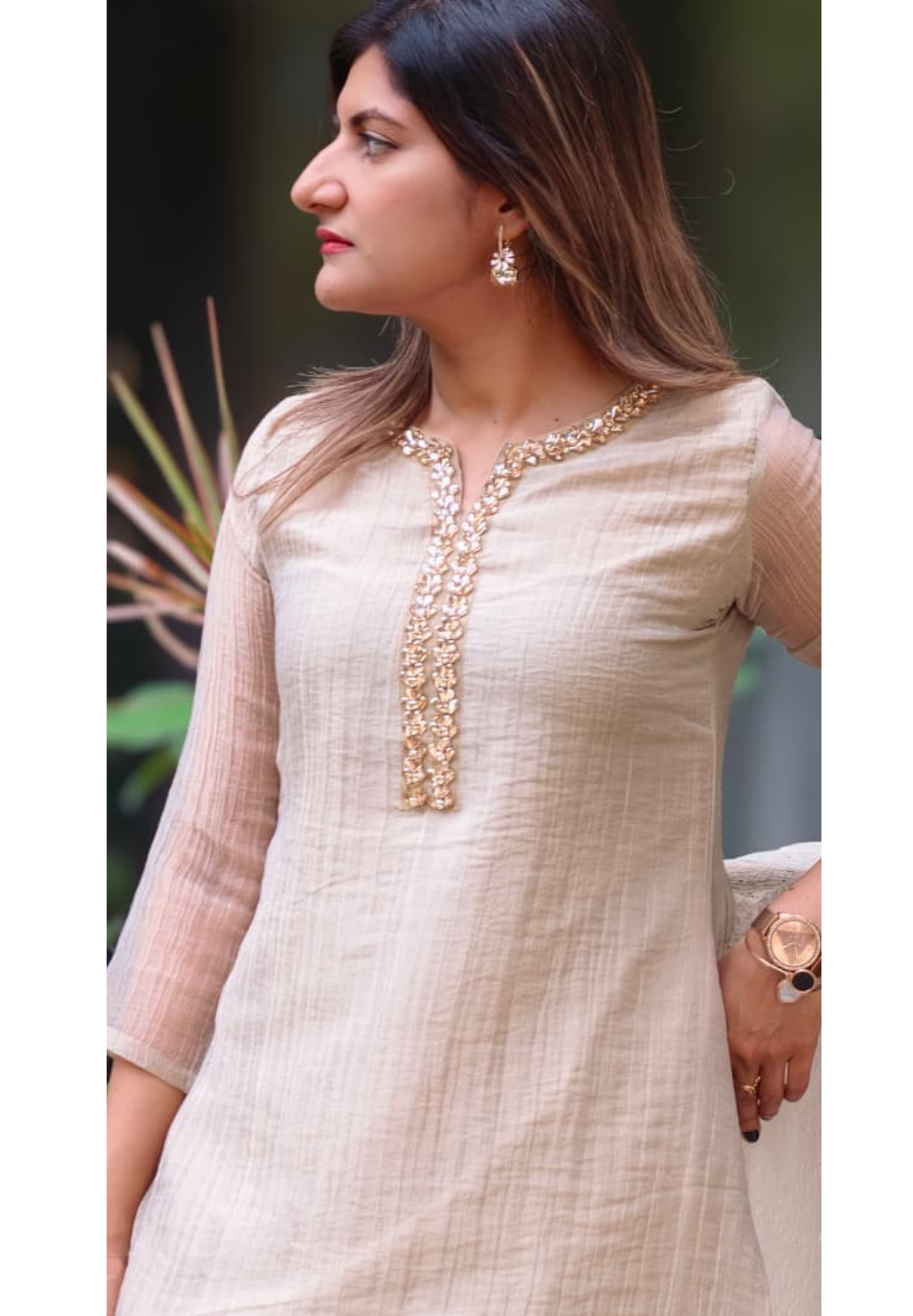 Elegant Crystal Stones Neckline Premium Co-Ord Set With Loose Palazzo Bottom In Salsa Fabric- 15290 (Lean Fit)