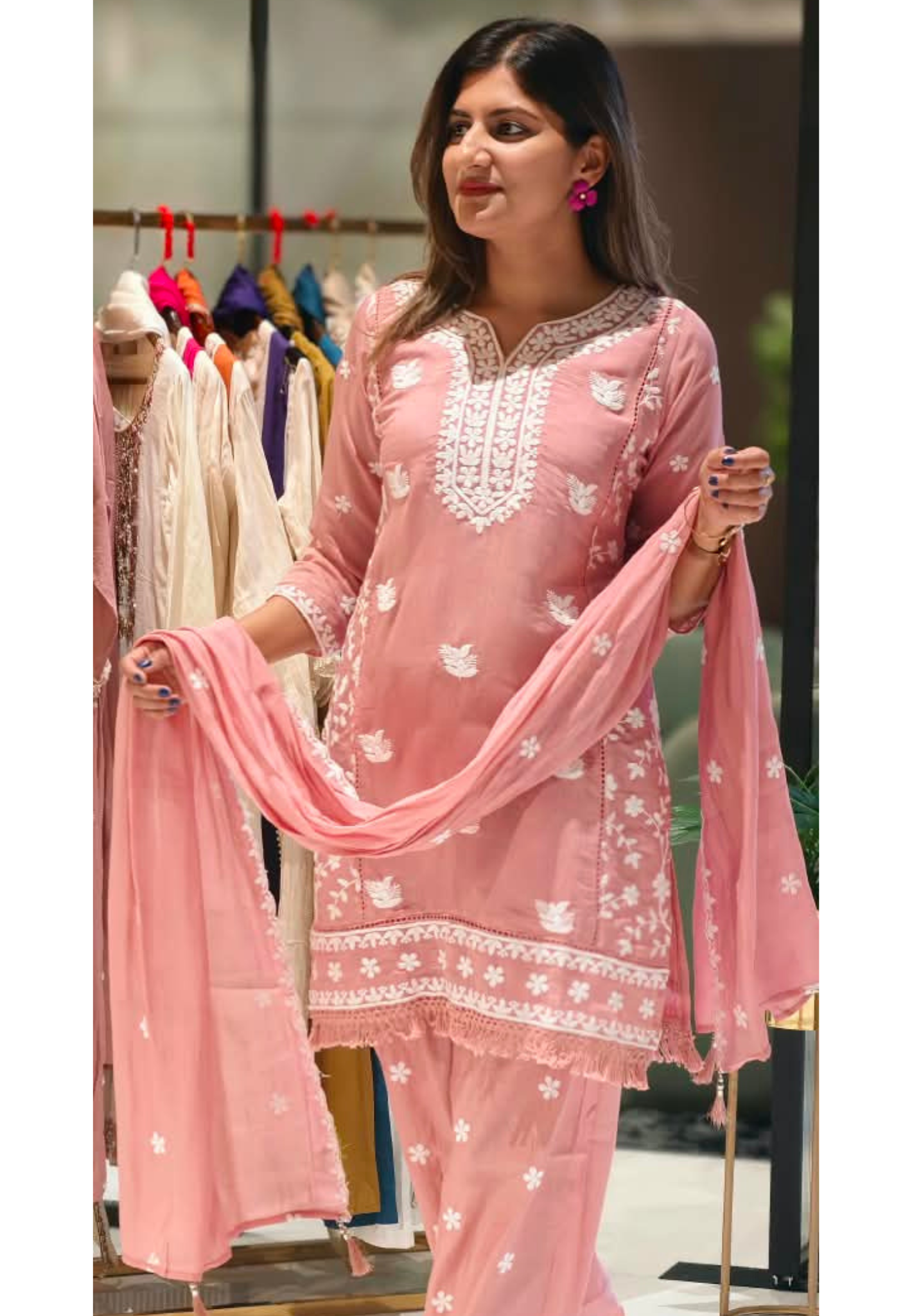 Floral Intricate Thread Embroidered Premium Surat Mul-Chanderi Straight Full Suit Set With Dupatta- 15893