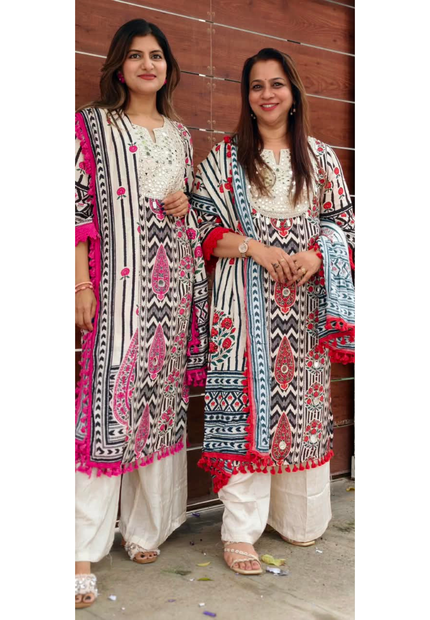 Vintage Mughal Floral Printed Kurta with Intricate Mirror Work, Red Embroidery & Tassel Border-16047