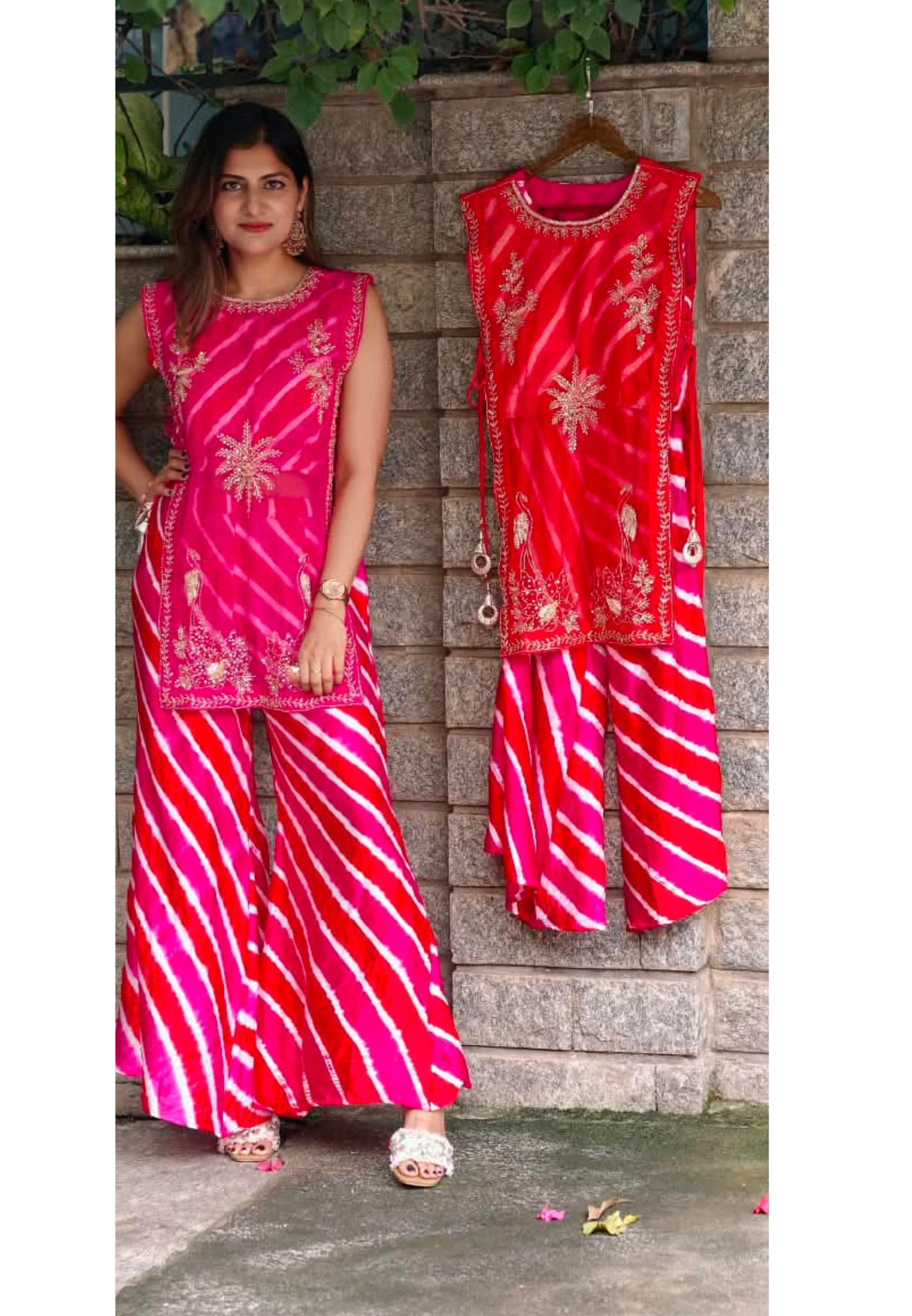 Festive Elegance Vibrant Leheriya Buster With Detechable Outer & Palazzo Bottom- 16069