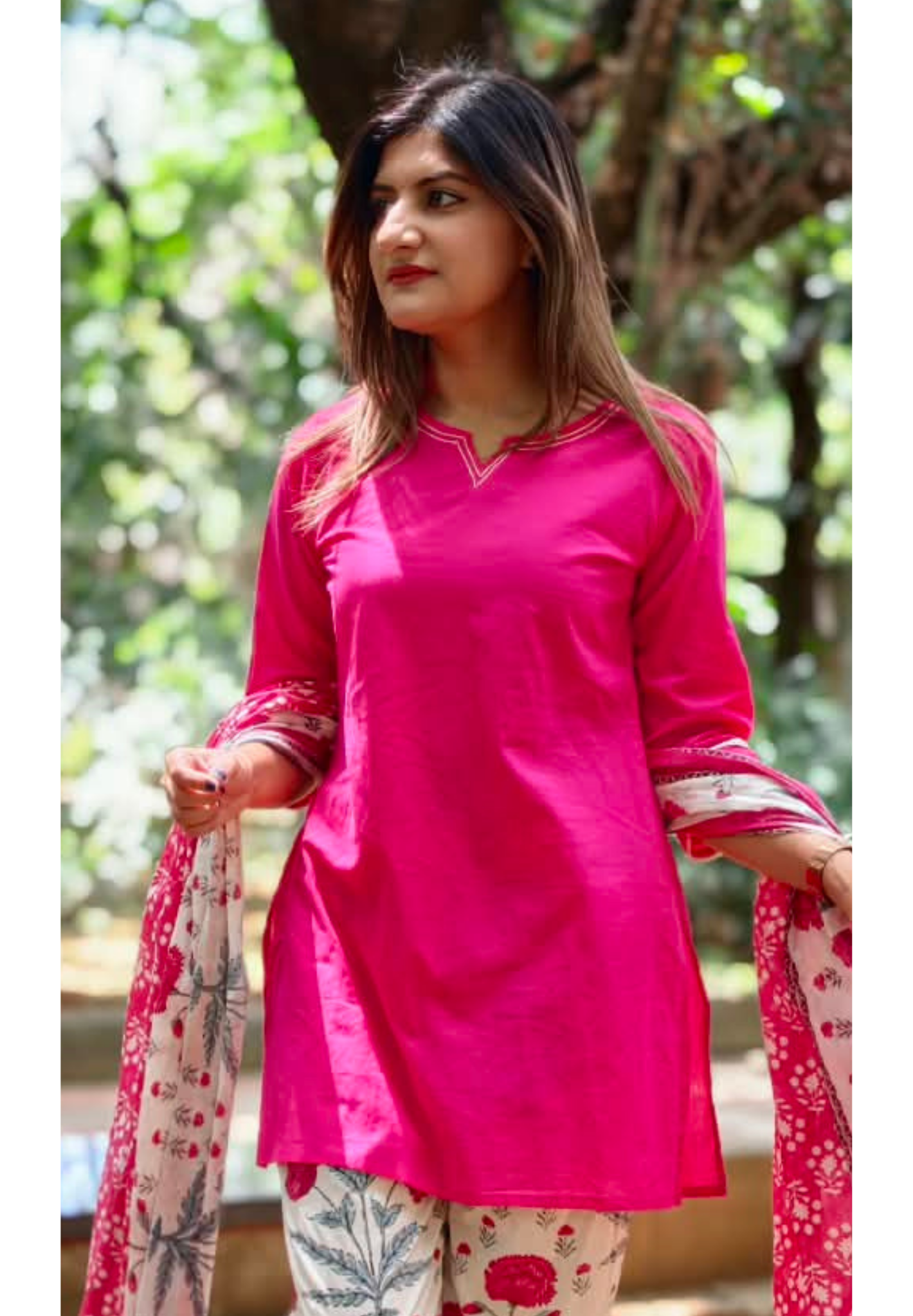 Cotton Full Suit Set With Solid Shade Short Kurta & Beautiful Floral Printed Bottom & Dupatta- 15831