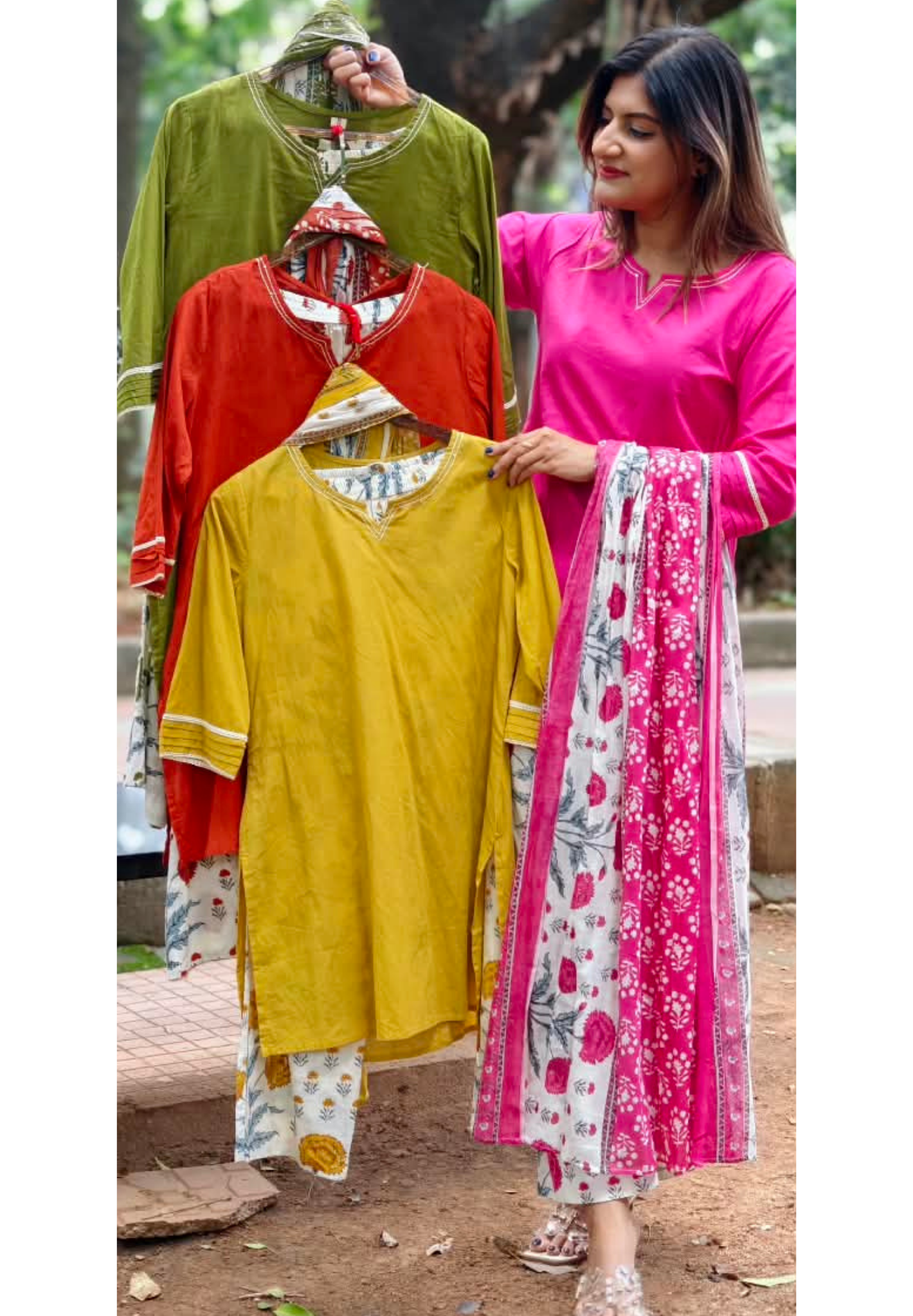 Cotton Full Suit Set With Solid Shade Short Kurta & Beautiful Floral Printed Bottom & Dupatta- 15831
