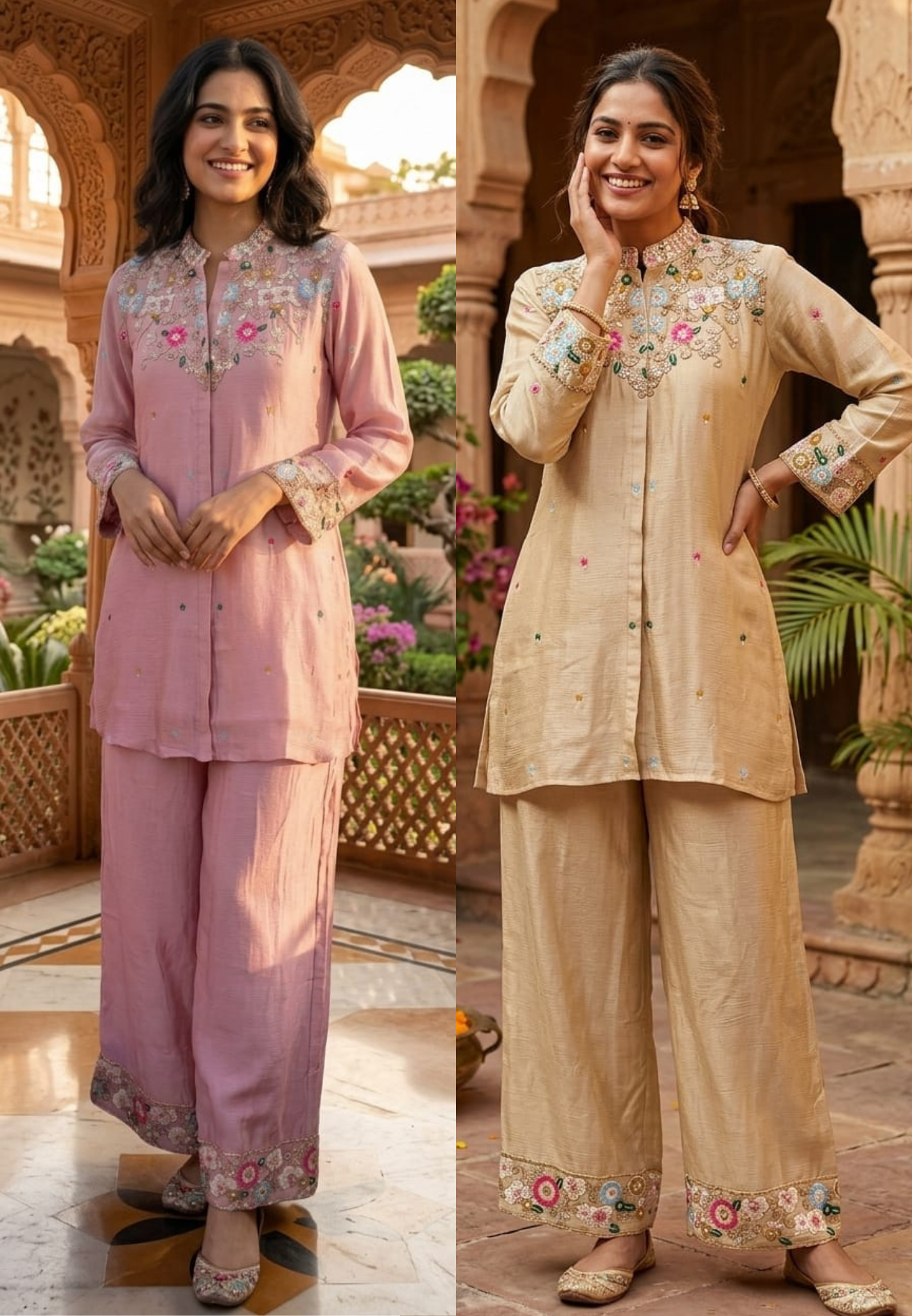 Multicolor Vibrant Floral Intricate Embroidery Light Shade Chinon Co-Ord Set- 15244
