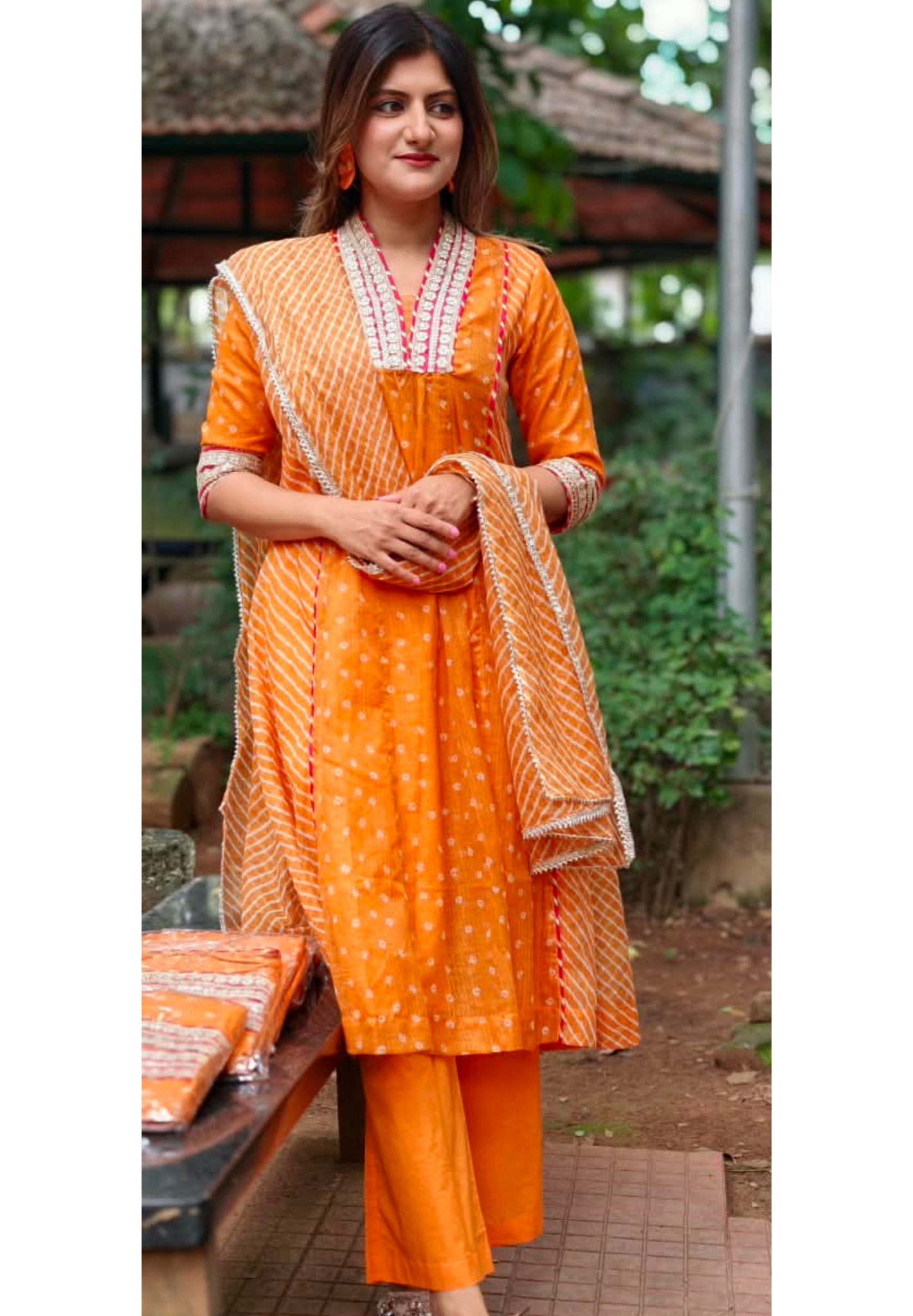 Blunt Orange With Golden Zardosi Red Highlights Kota Doria A-Line Full Suit Set With Dupatta- 16099