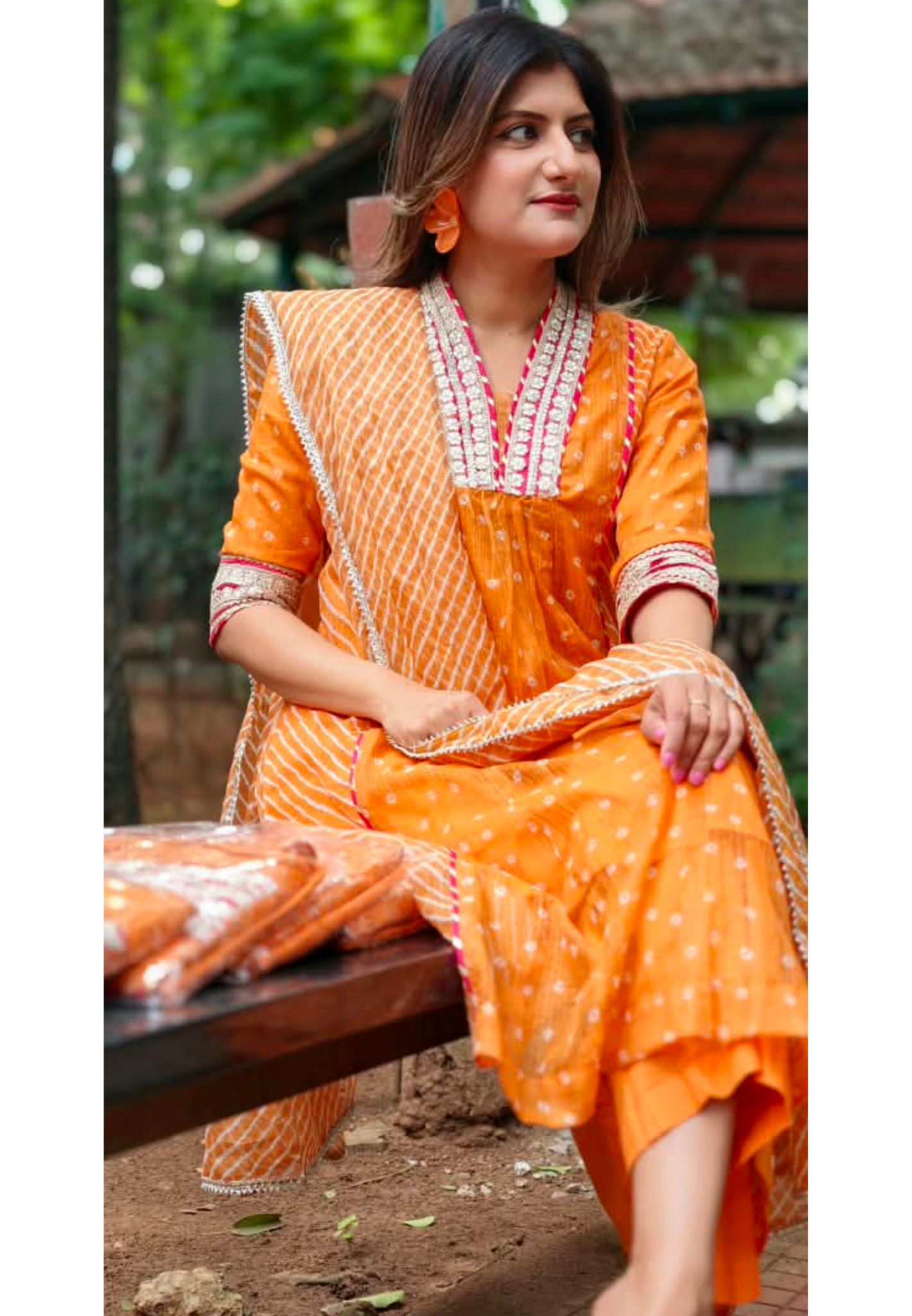 Blunt Orange With Golden Zardosi Red Highlights Kota Doria A-Line Full Suit Set With Dupatta- 16099