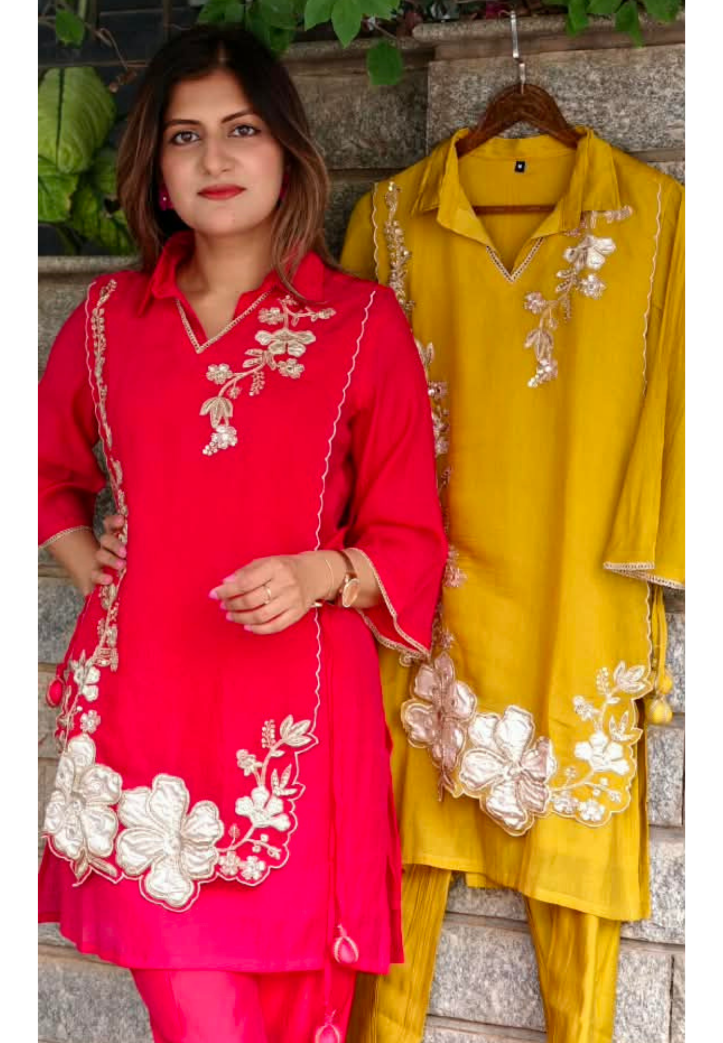 Elegant Embroidery Work Overlay Solid Collared Co-Ord Set In Mul-Chanderi Fabric- 16080