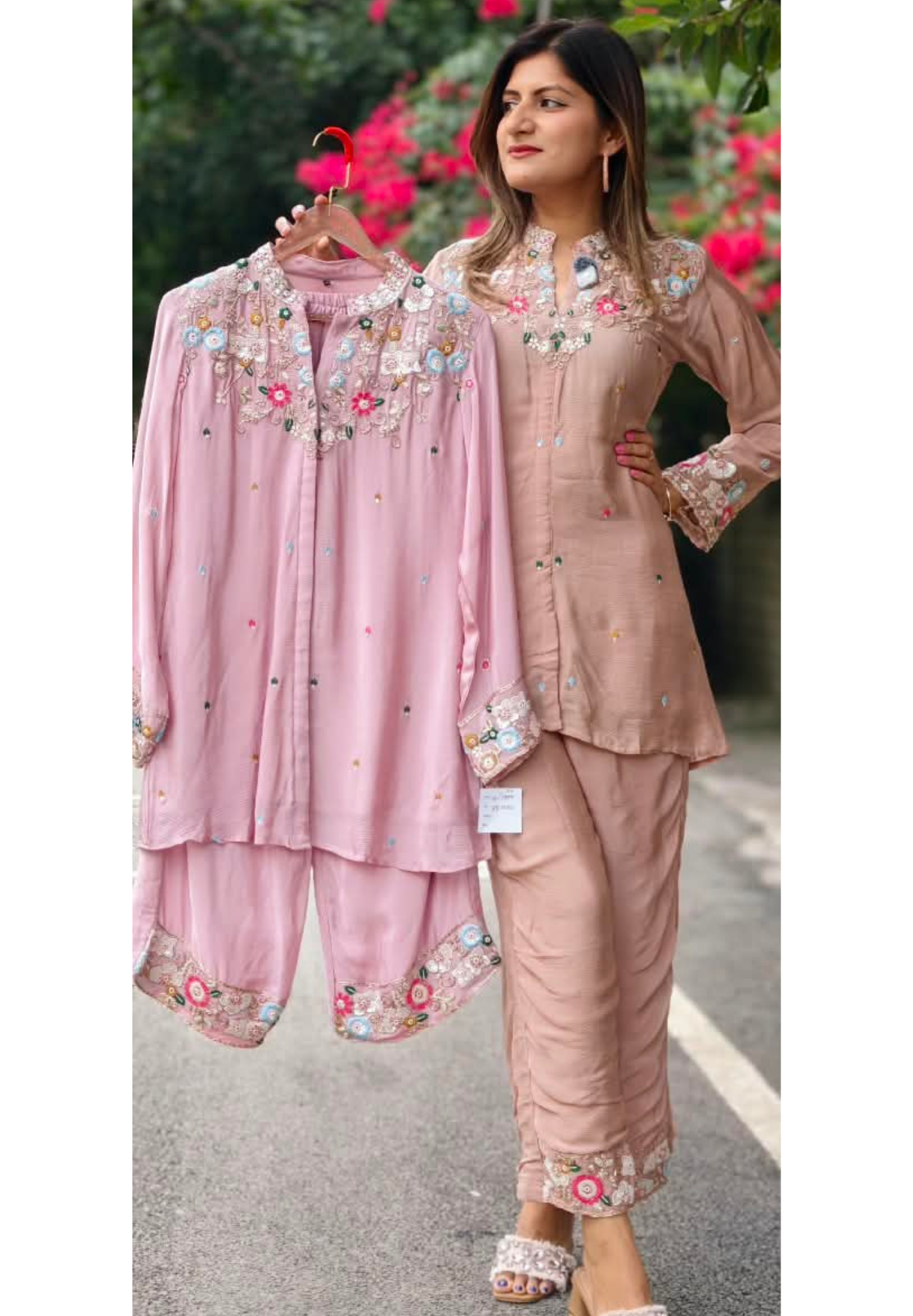 Multicolor Vibrant Floral Intricate Embroidery Light Shade Chinon Co-Ord Set- 15244