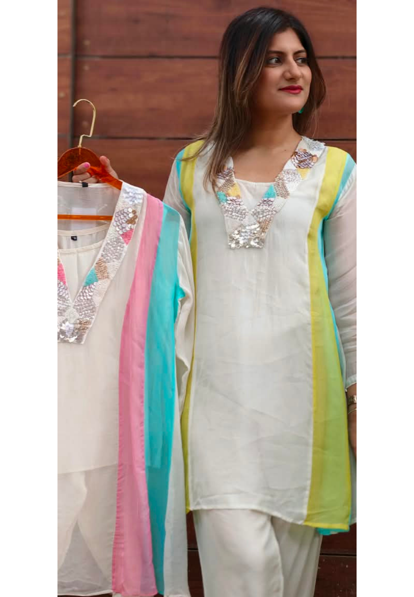 Handcrafted Neck Embroidery Royal Pastel Multicolor Panelled Kurta Pant With Inner- 15850
