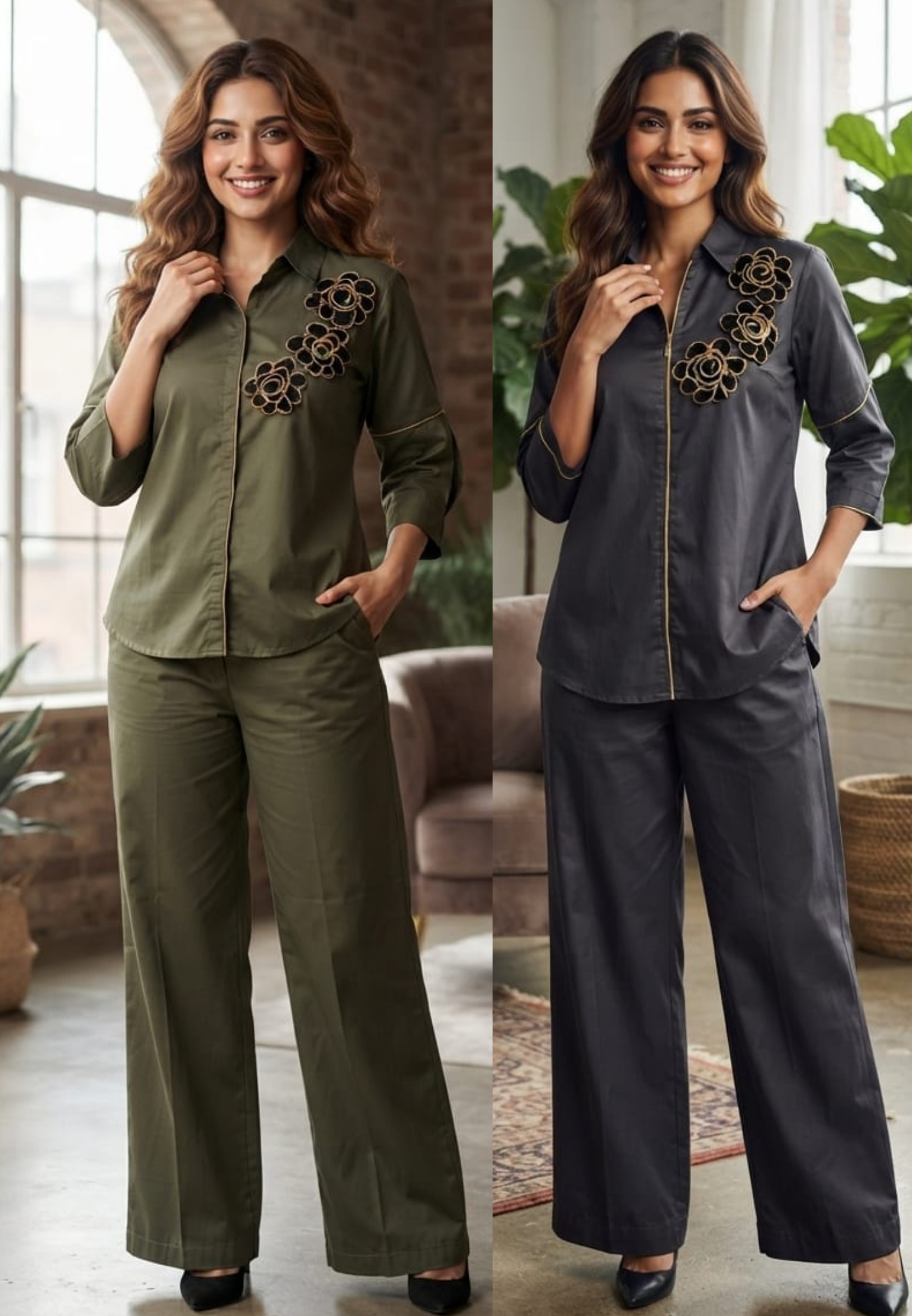 Collared Shirt and Trouser Co-ord Set with Unique Coil-Zipper Floral Embroidery Details- 16110
