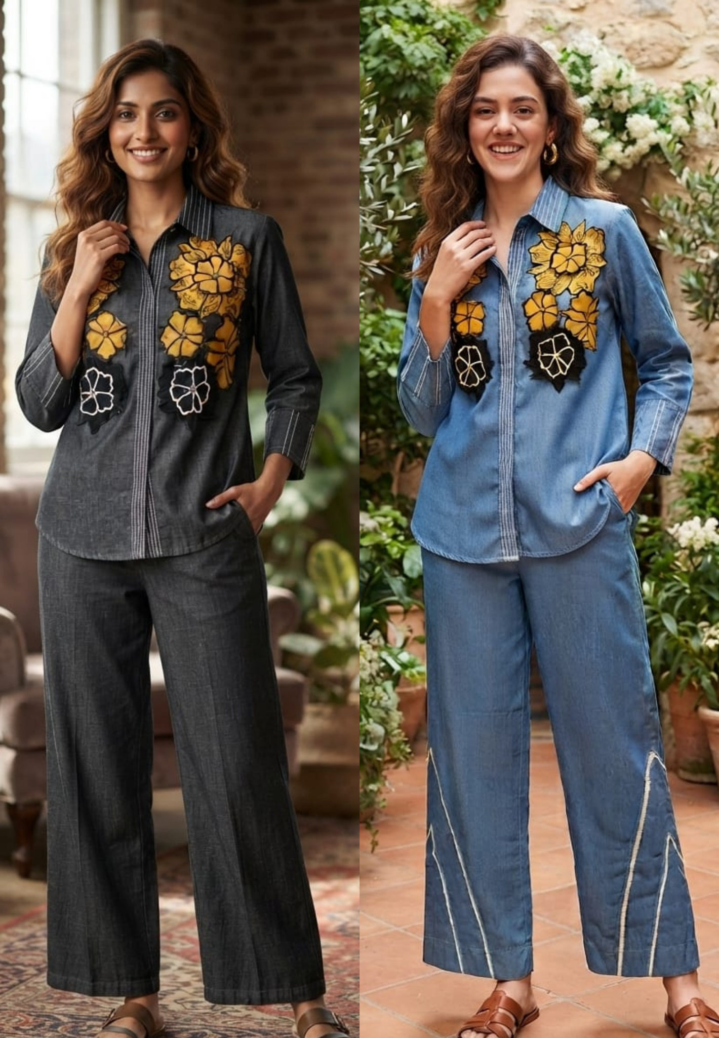 Denim Two-Piece Co-ord Set with Oversized Mustard Yellow and Black Floral Embellishments- 16111