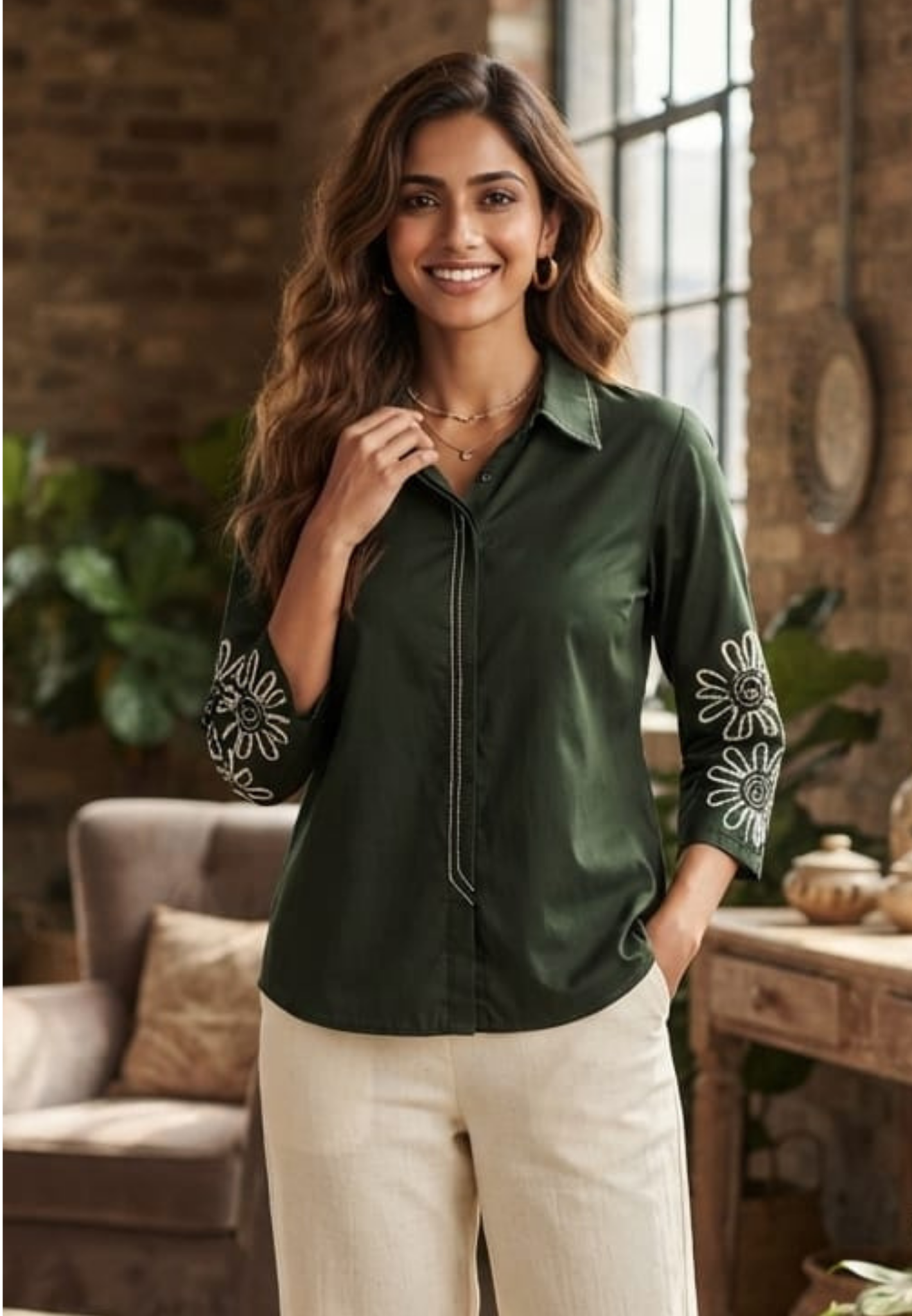 Dark Green Collared High-Low Tunic Shirt with White Contrast Stitching & Floral Sunburst Sleeve Embroidery- 16117