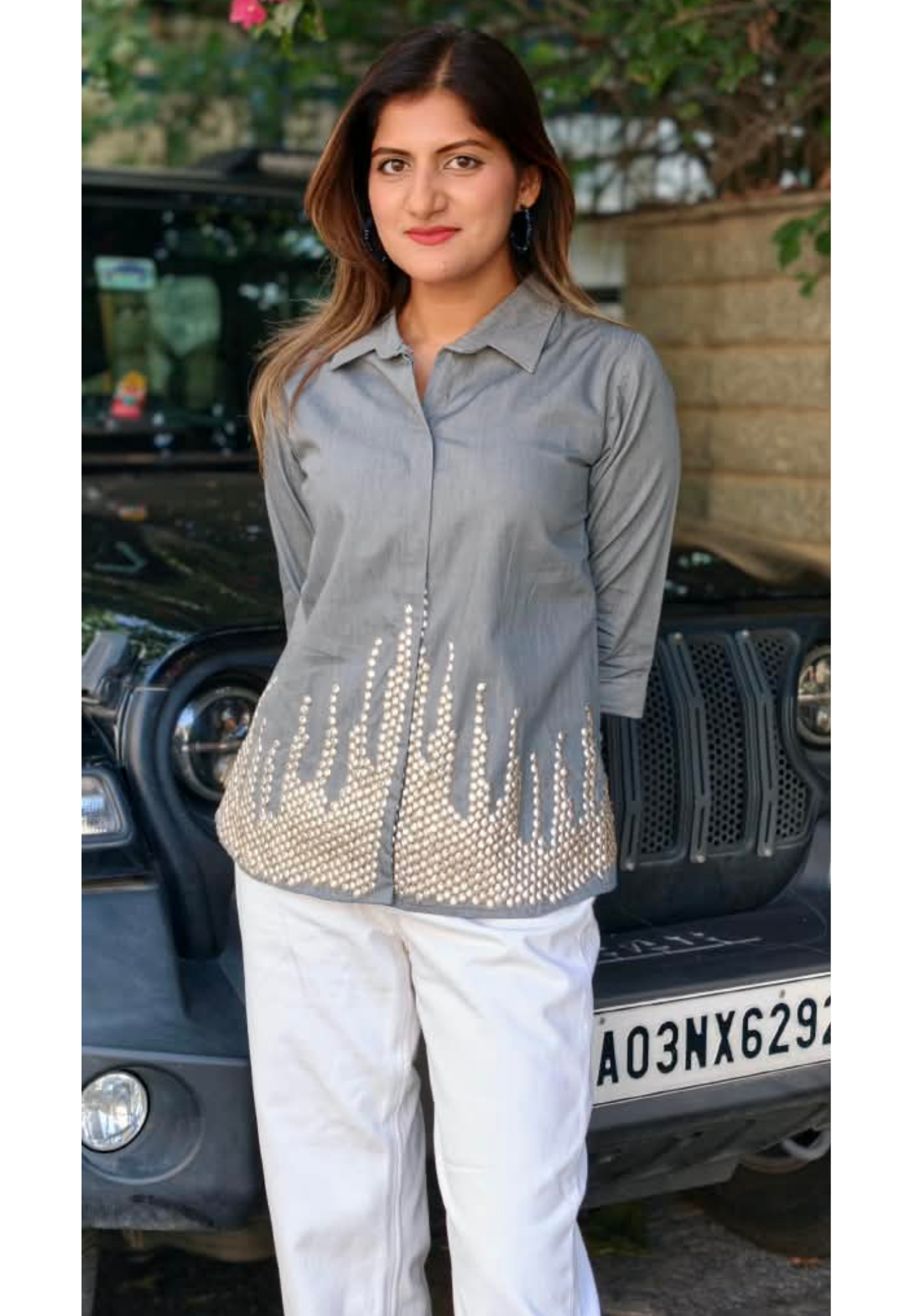 Green Grey Collared High-Low Tunic Top with Metallic Gold Bead & Stud Embellished Hem- 16114