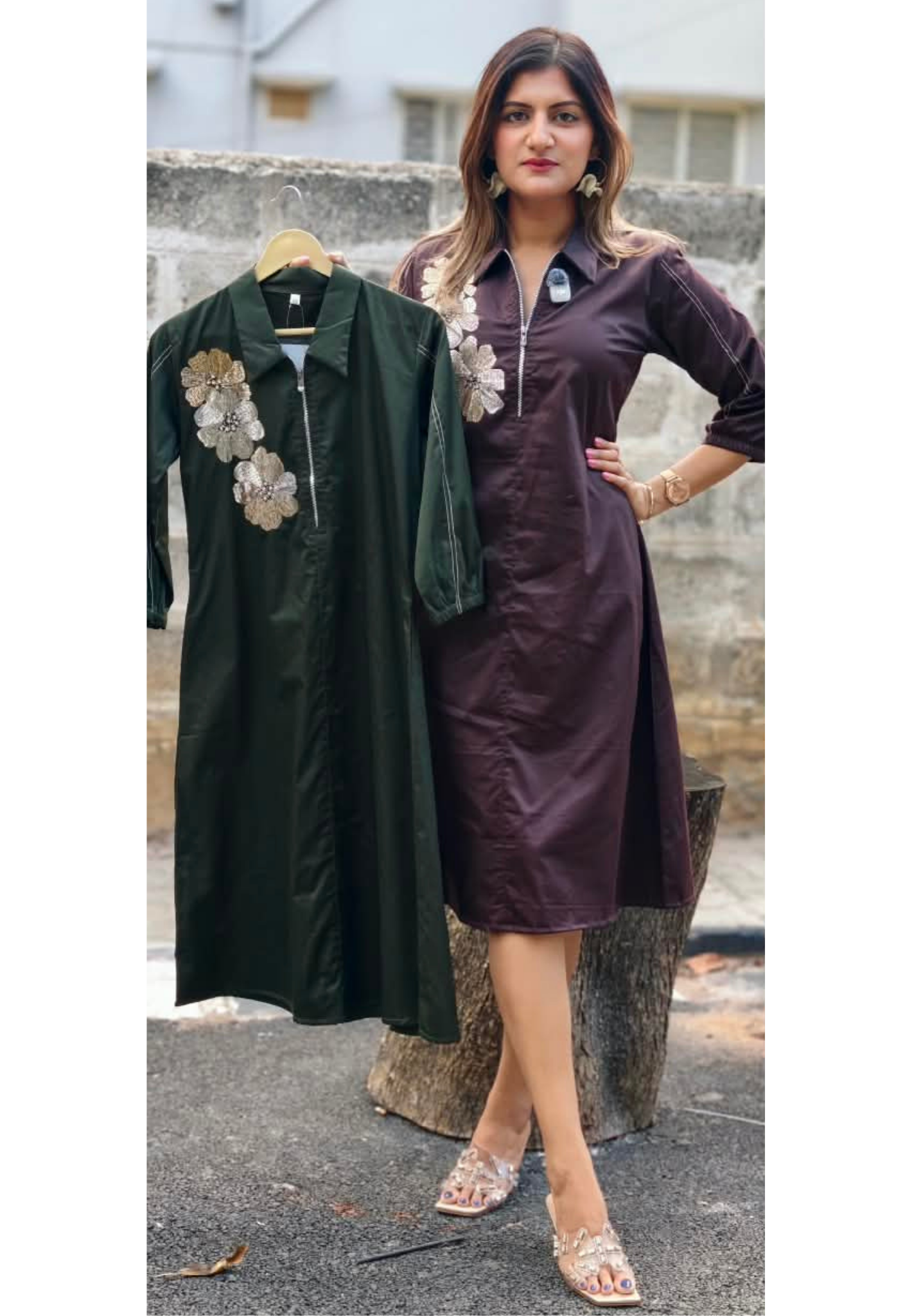 Dark Brown & Green Collared Long Tunic Dress with Metallic Sequined Floral Appliqué and Front Zipper- 16113